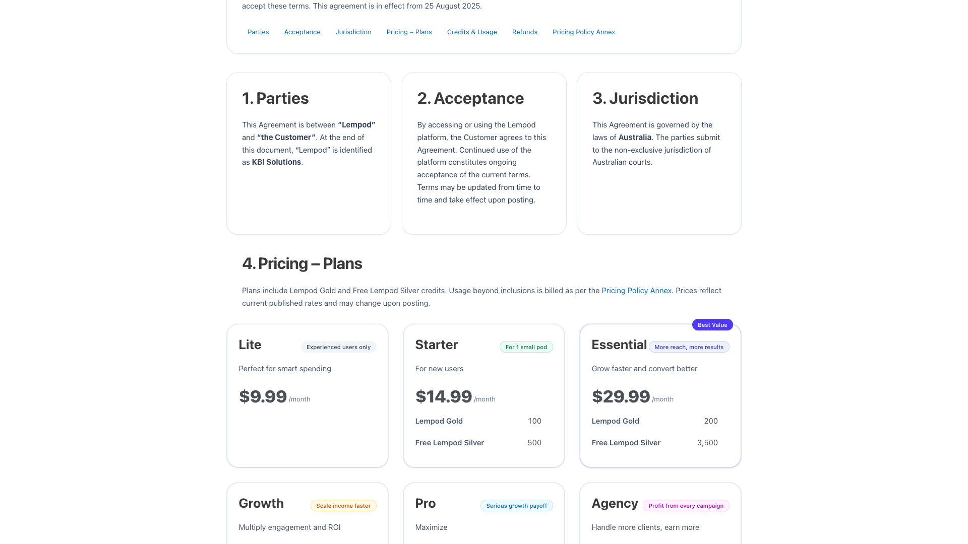 Pricing page detailing Lempod's plans and credit system