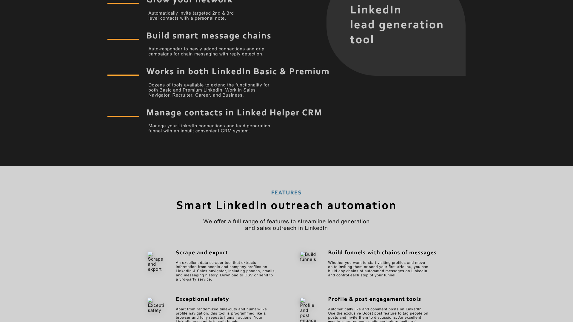 Features section on homepage highlighting Linked Helper capabilities