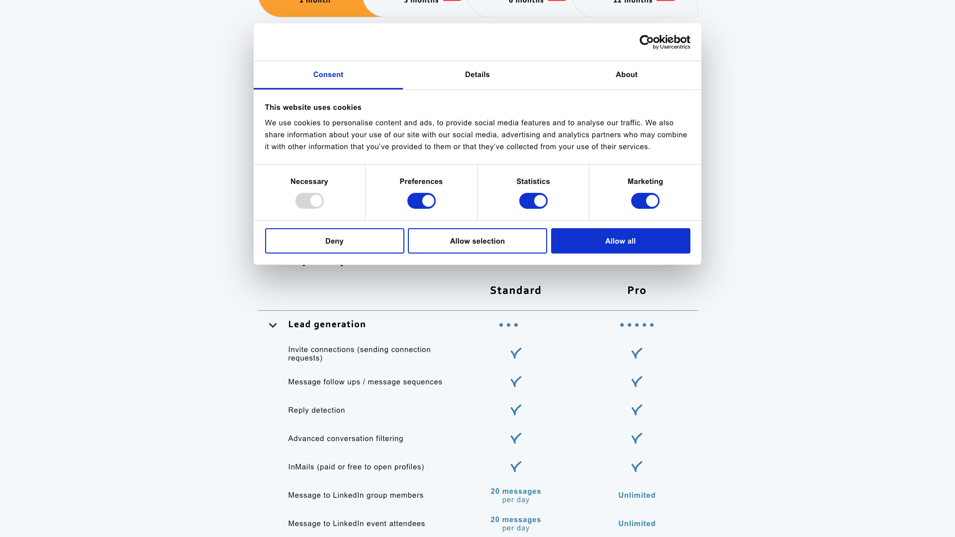 Pricing table showing plans