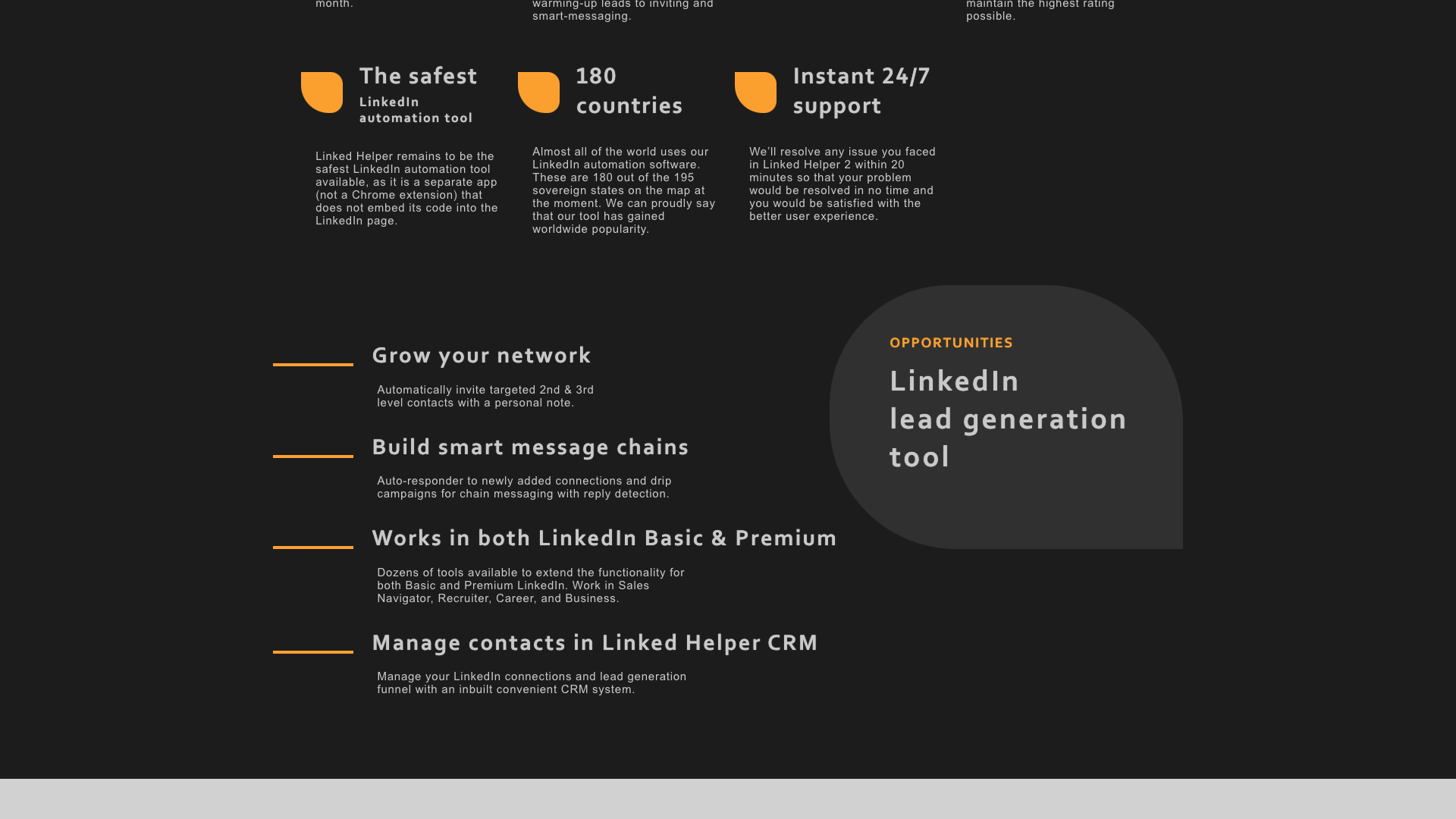 Features section on homepage highlighting the capabilities of Linked Helper
