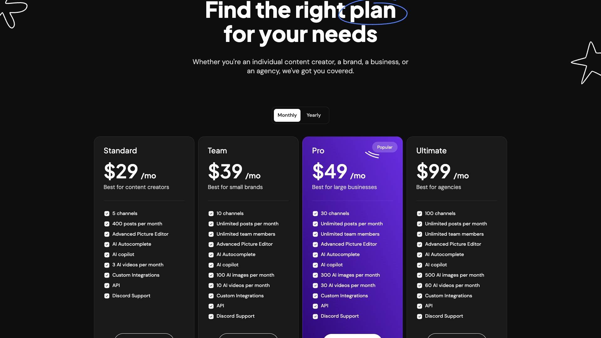 Pricing page showing different plans