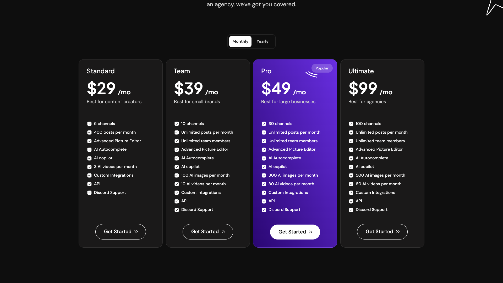 Pricing table showing plans