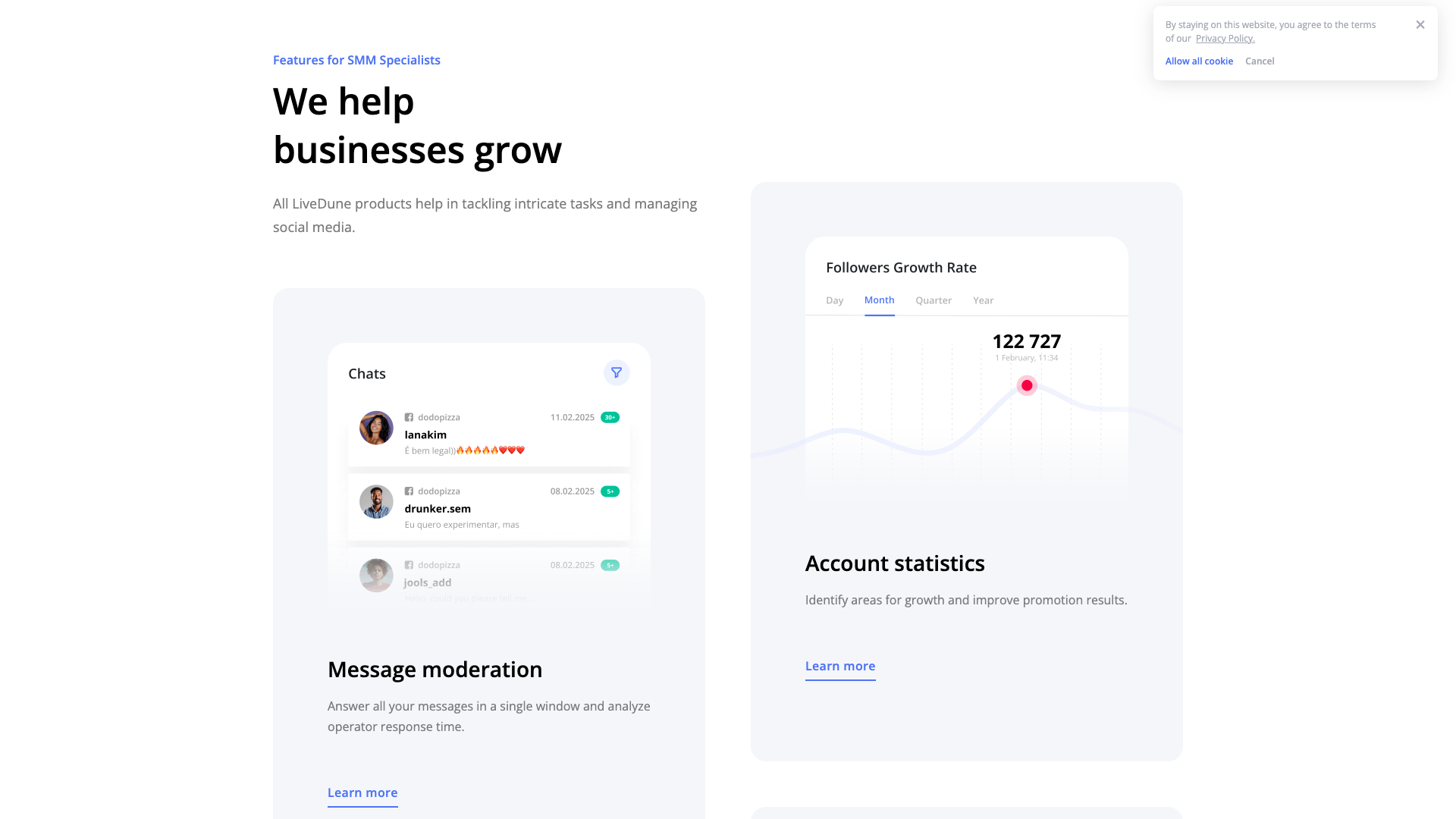 Features section on homepage highlighting key capabilities