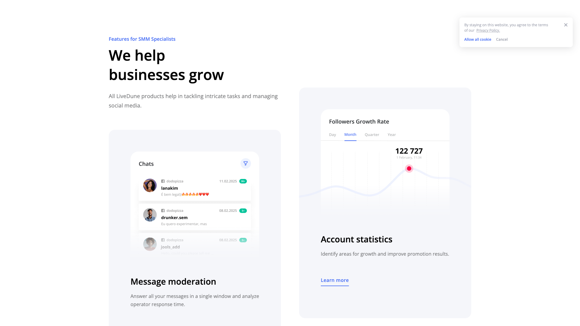 Features section on homepage highlighting analytics capabilities