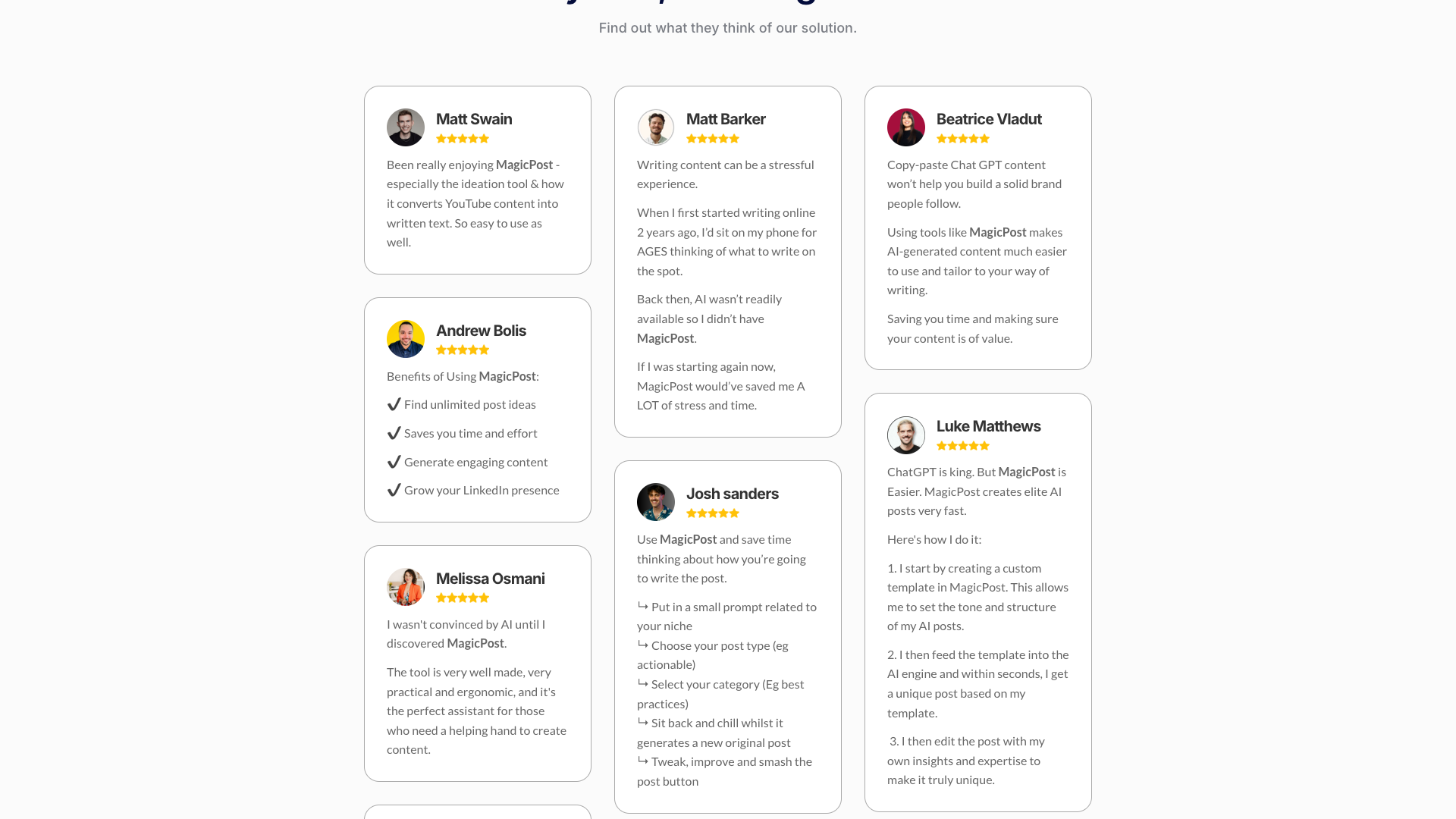 Customer testimonials section on homepage