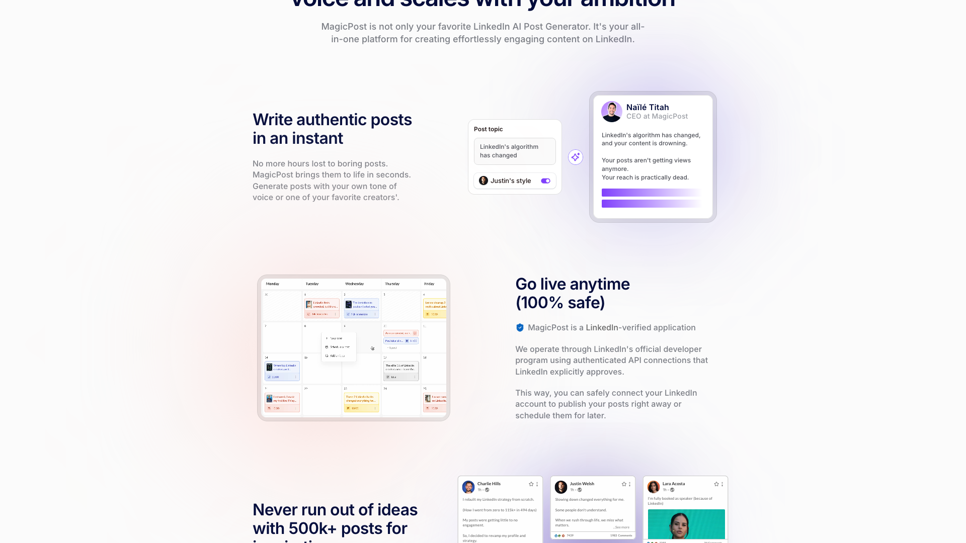 Analytics dashboard section on homepage showcasing LinkedIn metrics