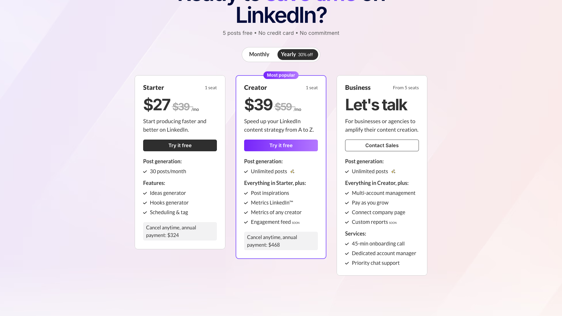 Pricing table showing plans