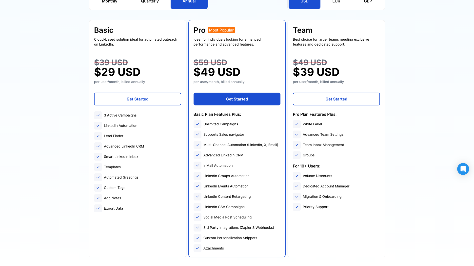 Pricing page showing different plans for the AI-powered outreach tool