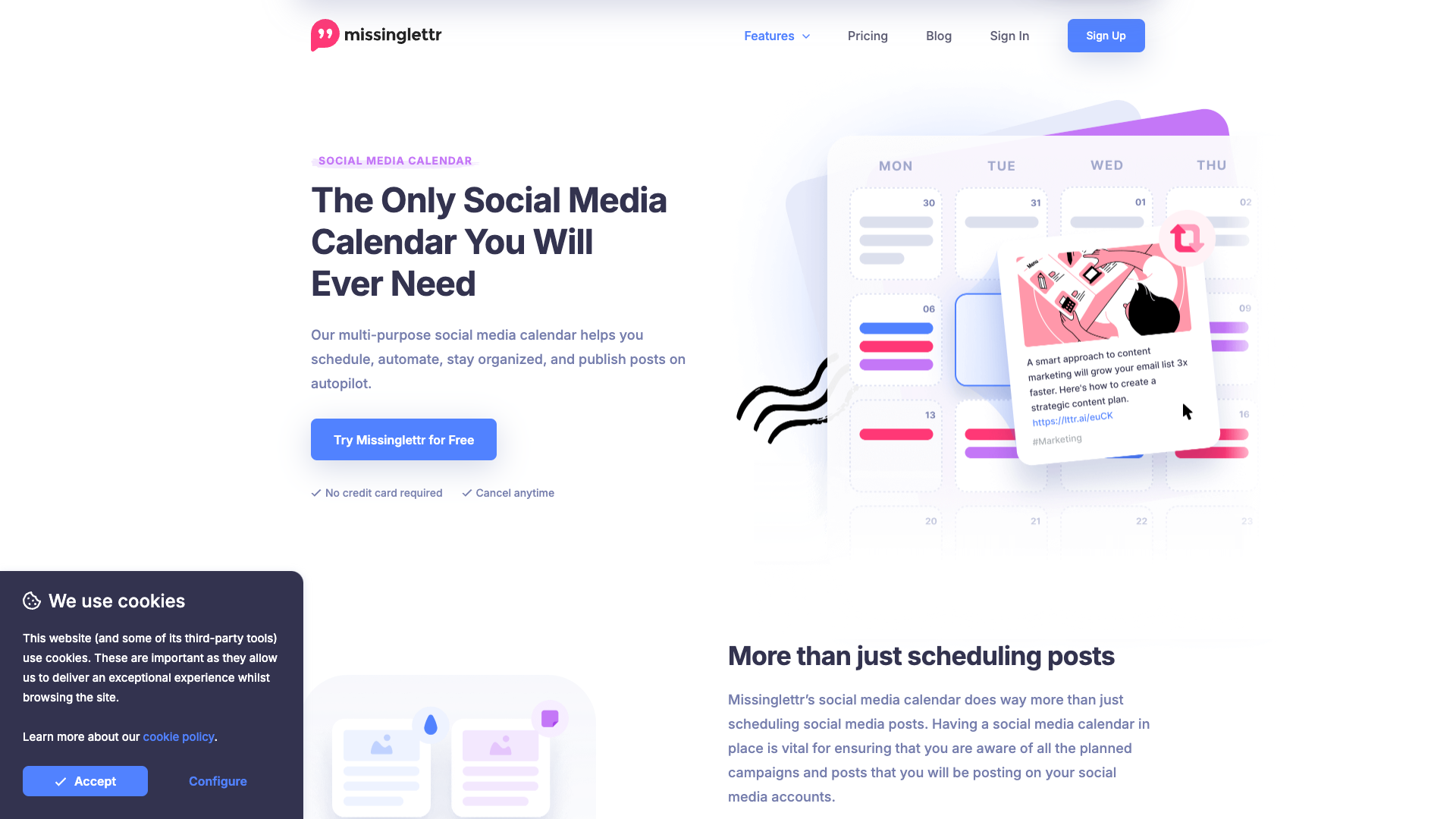 Features page highlighting the calendar feature