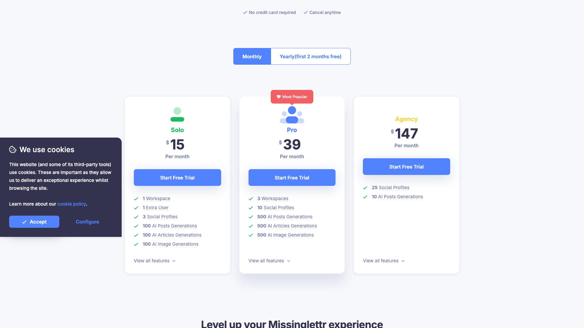 Pricing page showing plans for Missinglettr