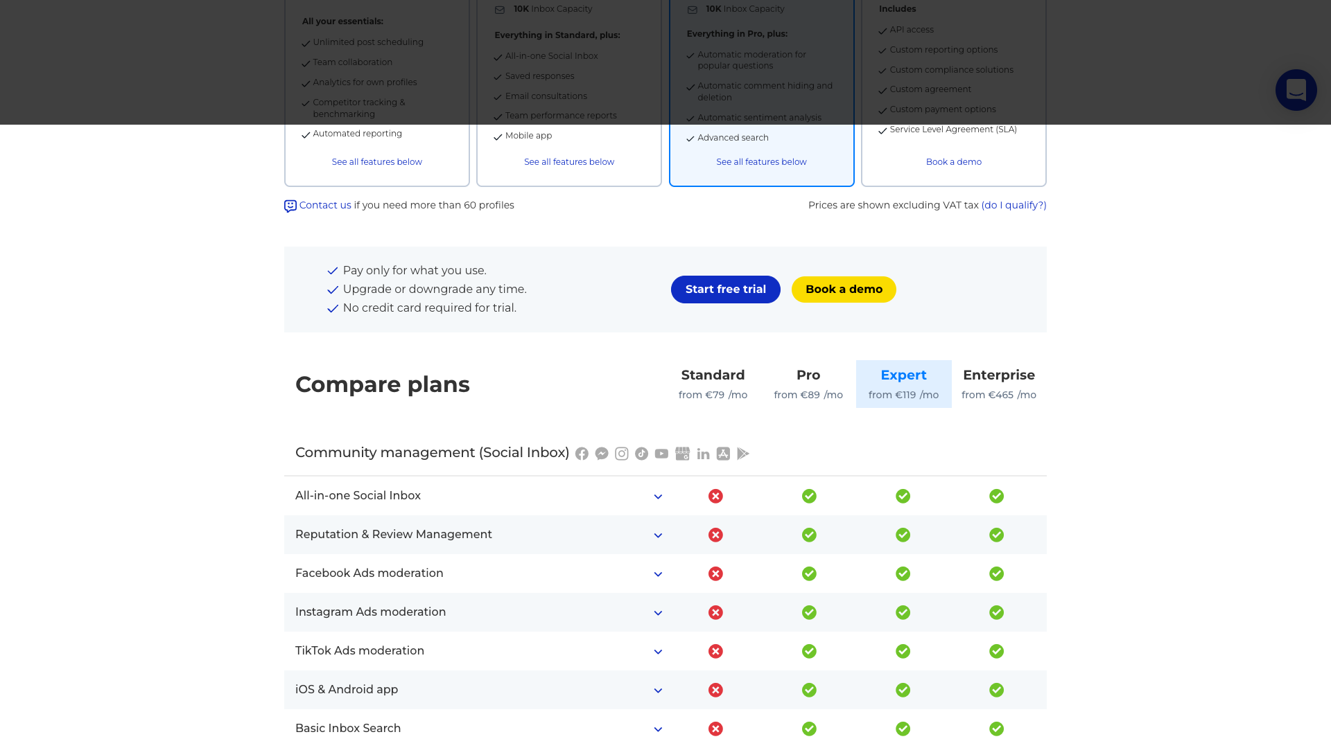 Pricing page showing plan details