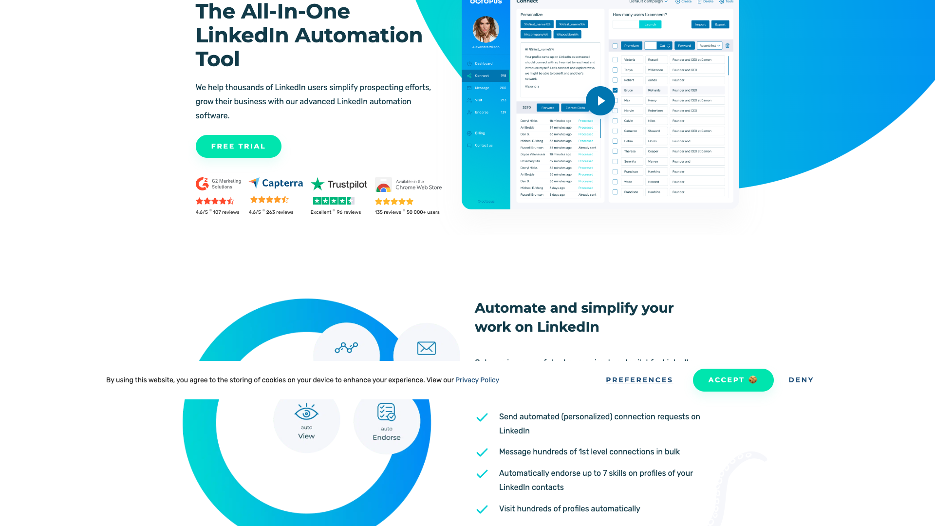 Social proof section showing ratings and user base