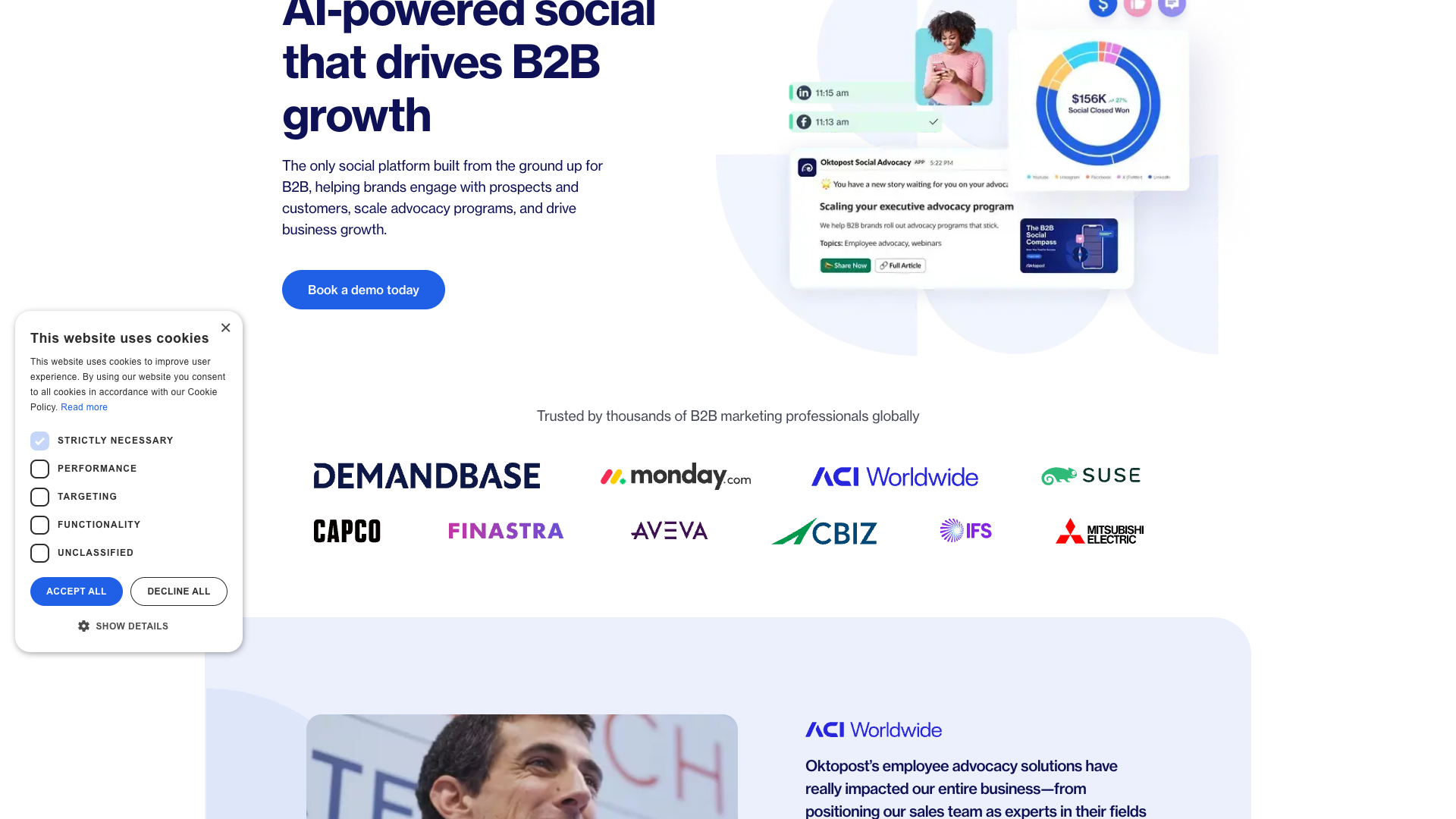 Features section on homepage highlighting Oktopost's capabilities