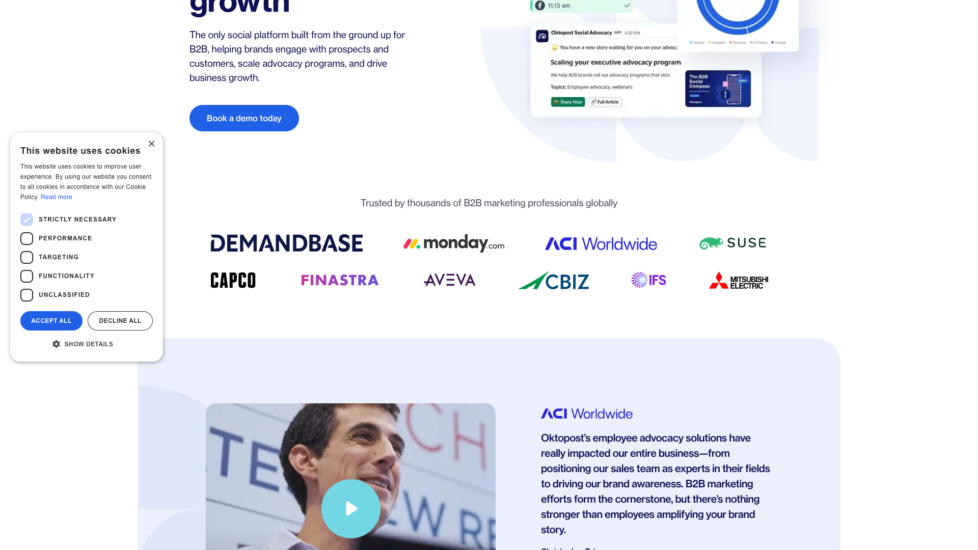 Platform section detailing the features and benefits of Oktopost