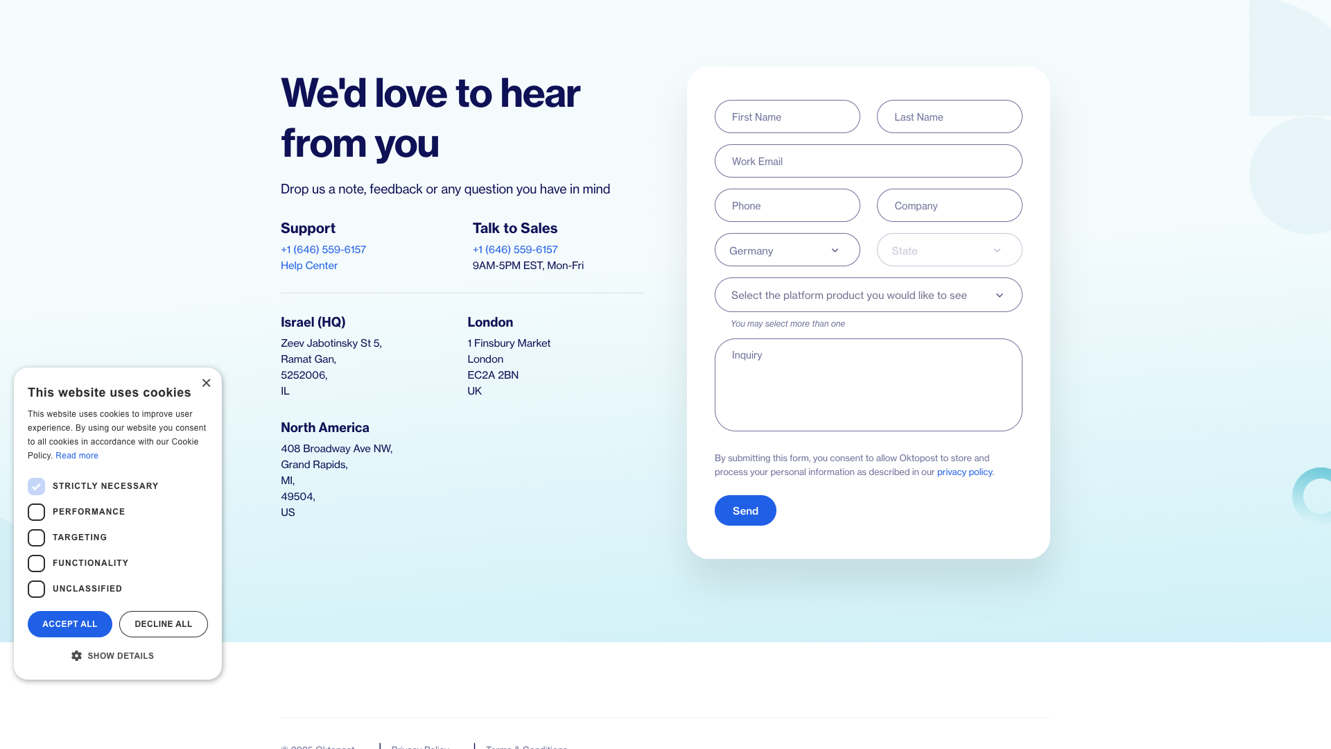 Contact page for inquiries about Oktopost services