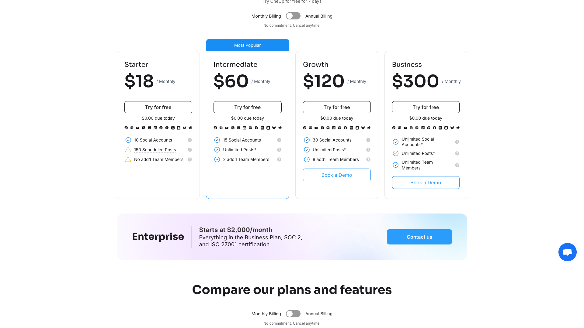 Pricing page showing unlimited plans for social accounts