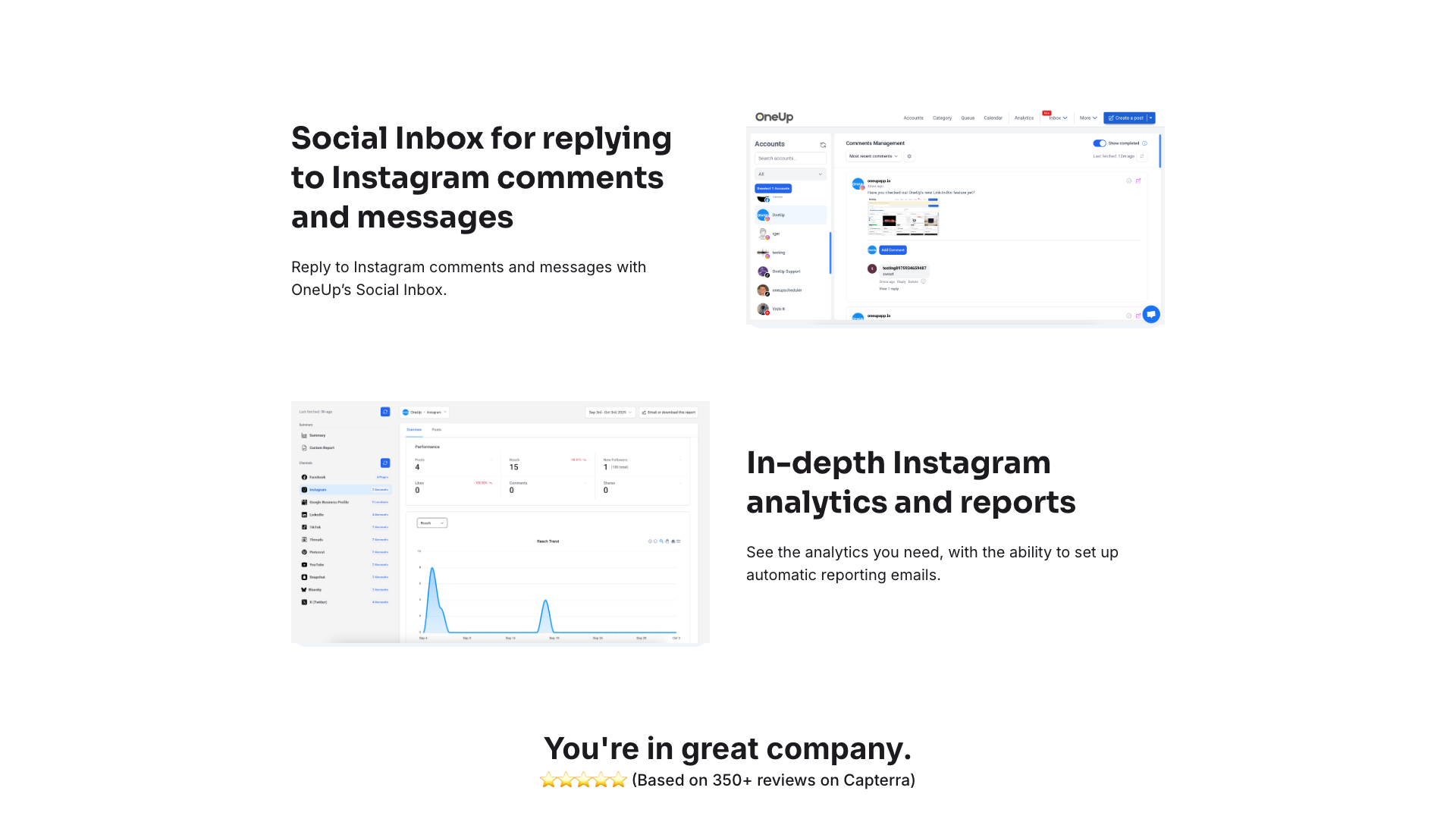 Instagram features page showcasing customer satisfaction ratings