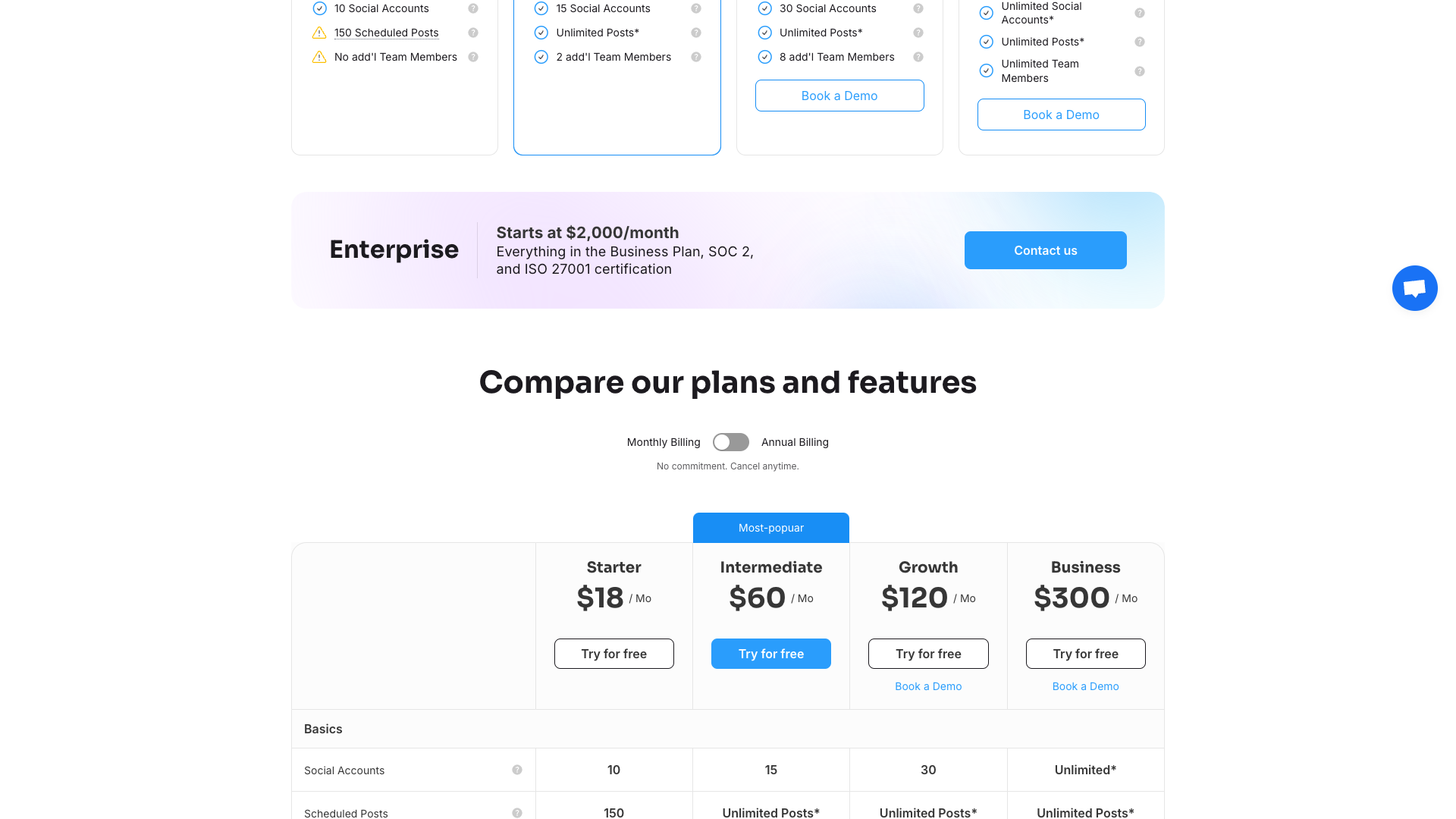 Pricing table showing plans