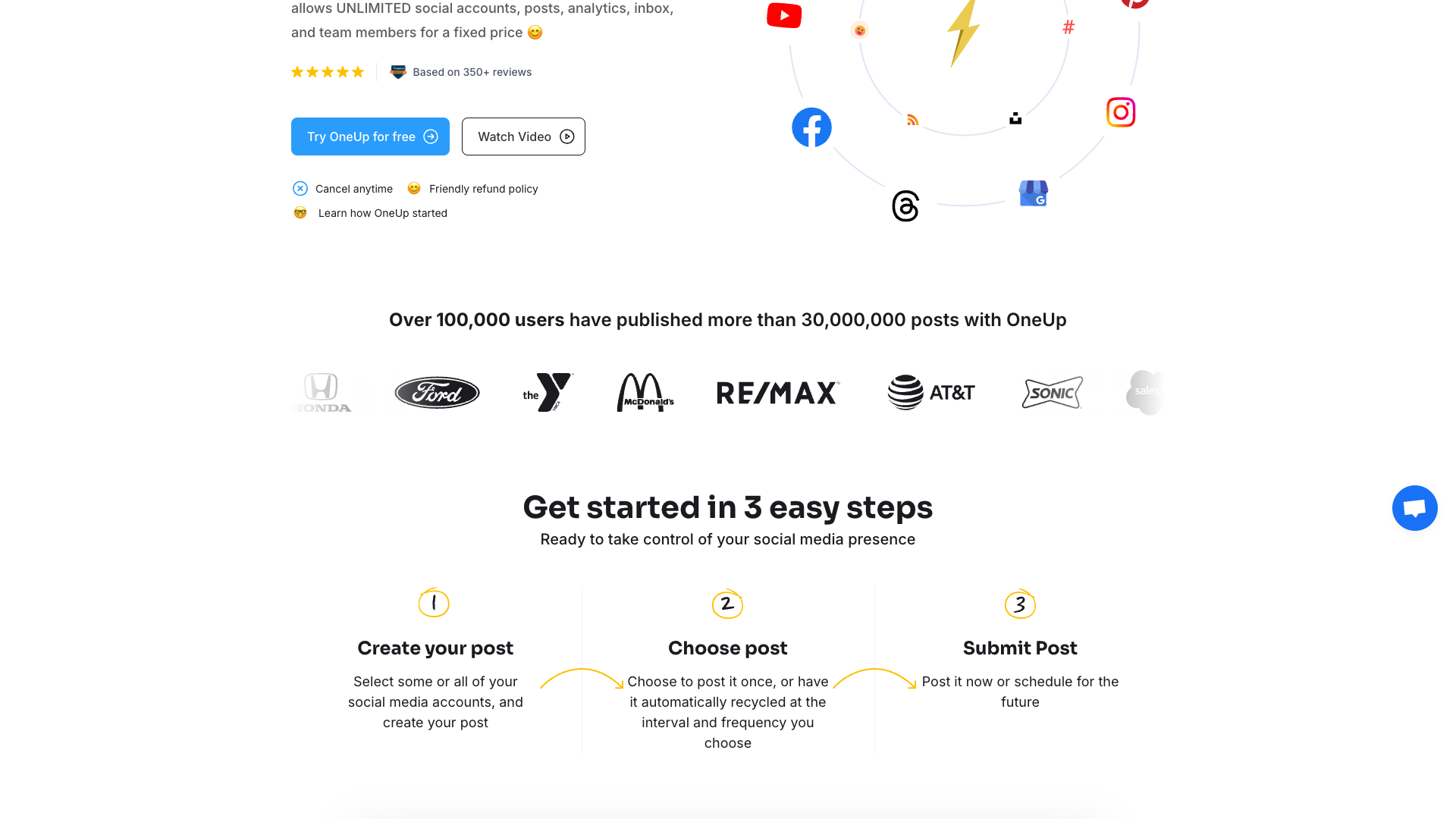 Features section on homepage highlighting social media scheduling and management tools
