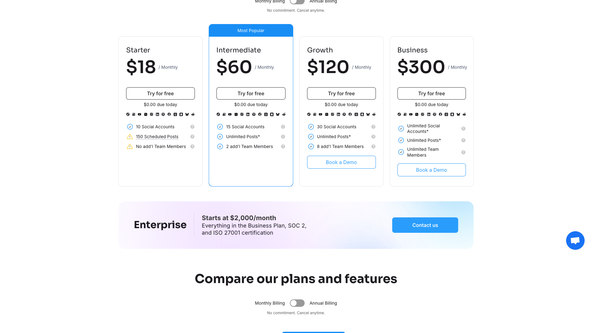 Pricing table showing plans