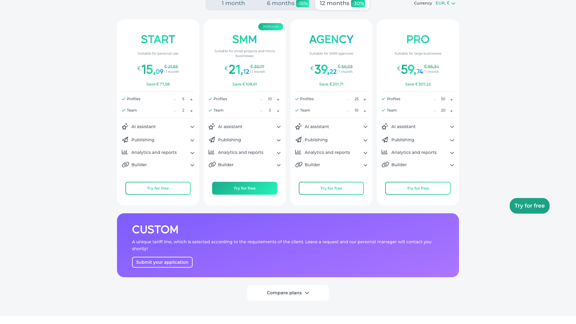 Pricing table showing different plans available for Onlypult