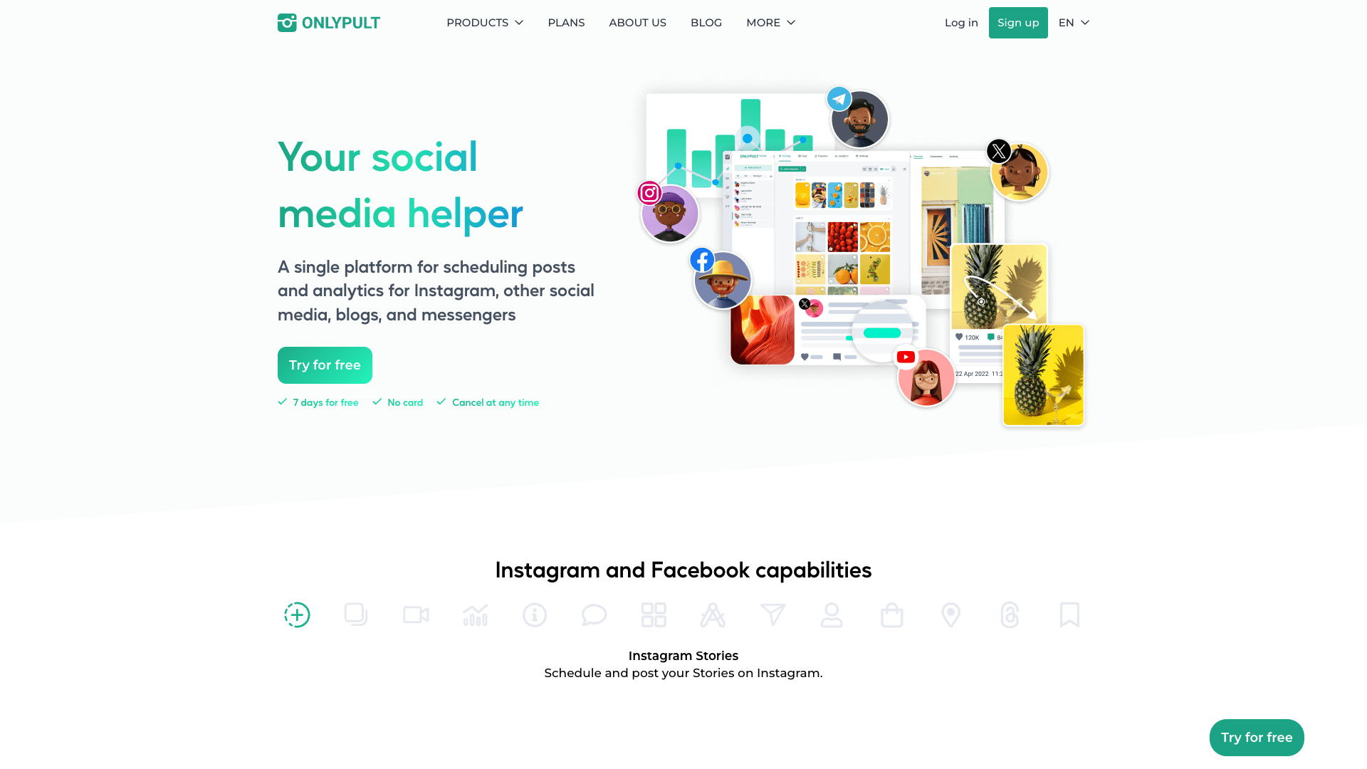 Features section on homepage highlighting social media management capabilities