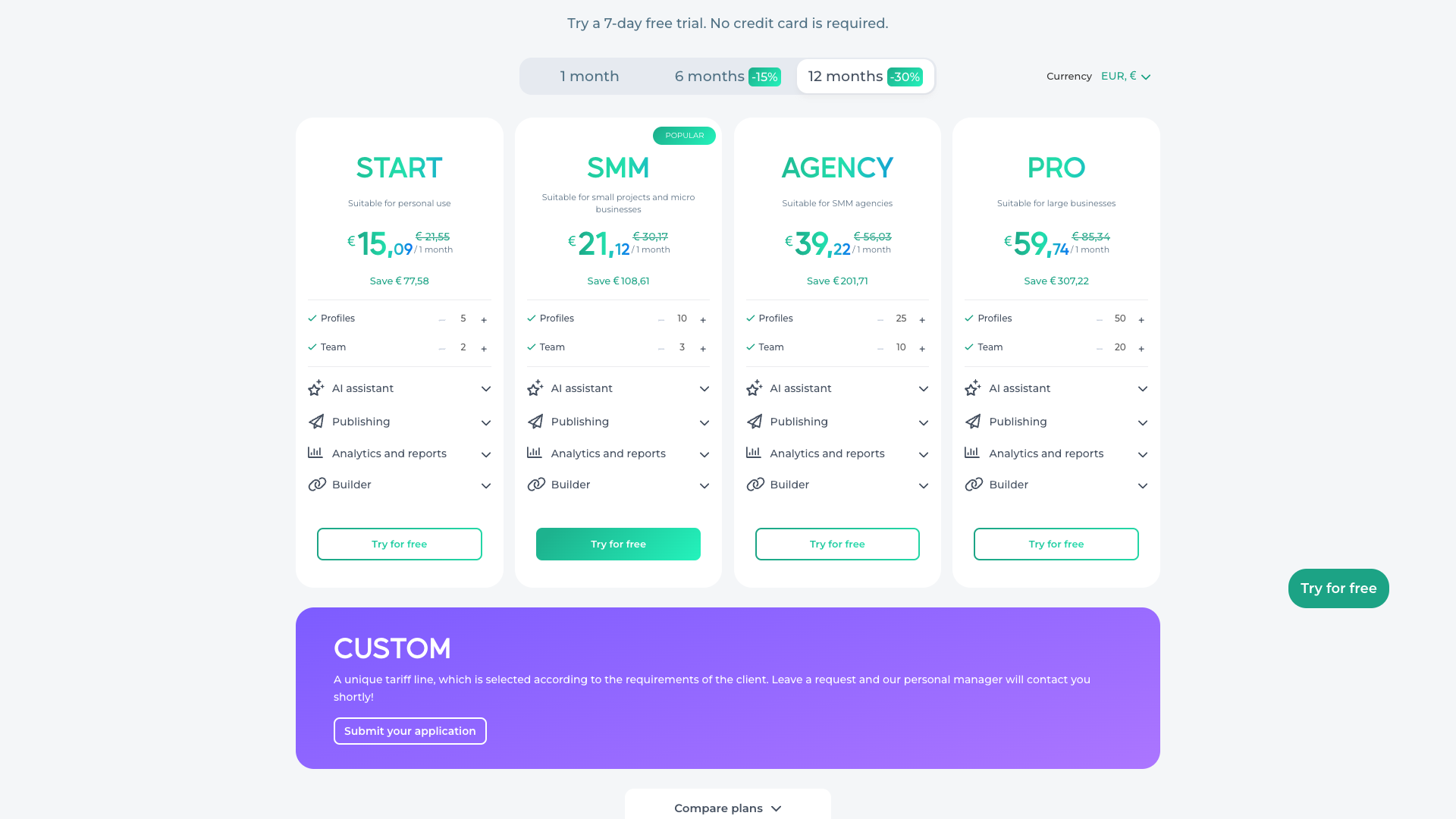 Pricing table showing plans