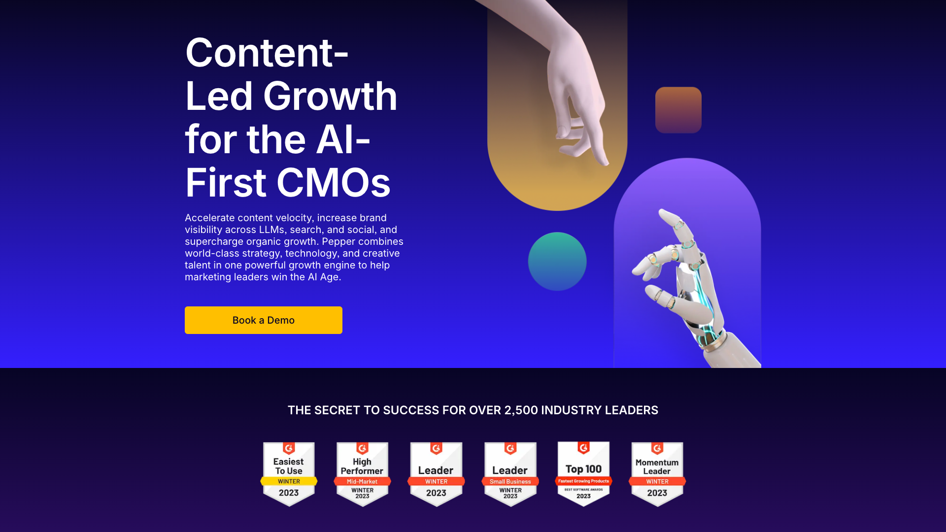 Hero section on homepage highlighting AI-driven content marketing platform