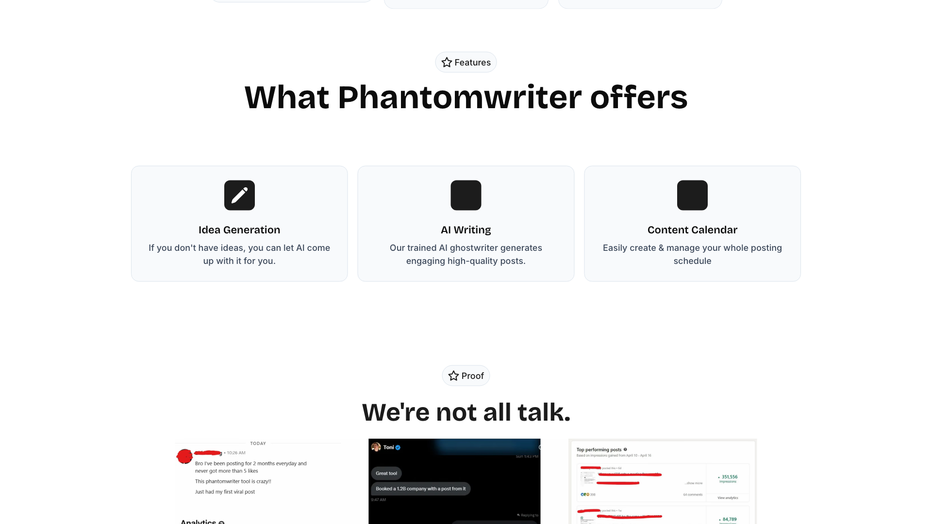 Testimonials section showcasing user feedback on Phantomwriter
