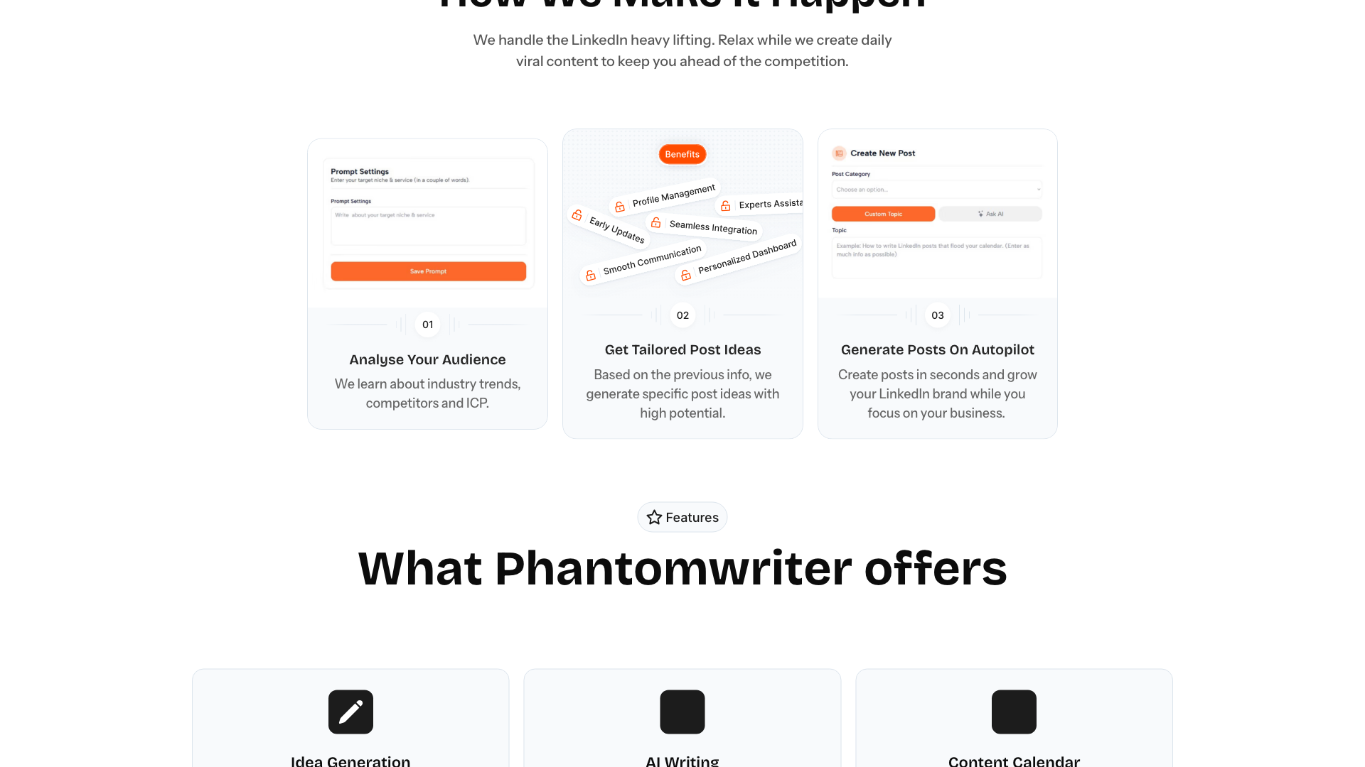 Features section on homepage highlighting AI ghostwriting and content calendar