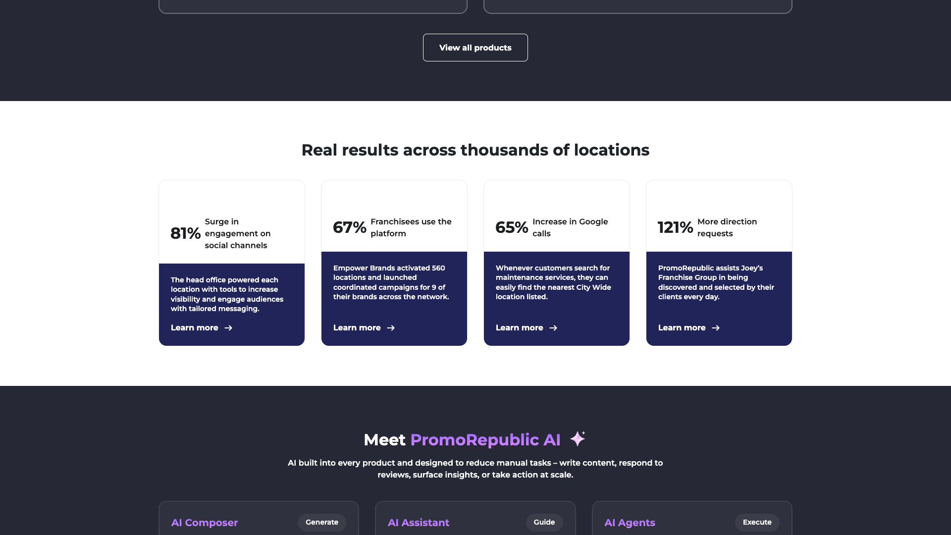 Homepage section featuring customer case studies and results