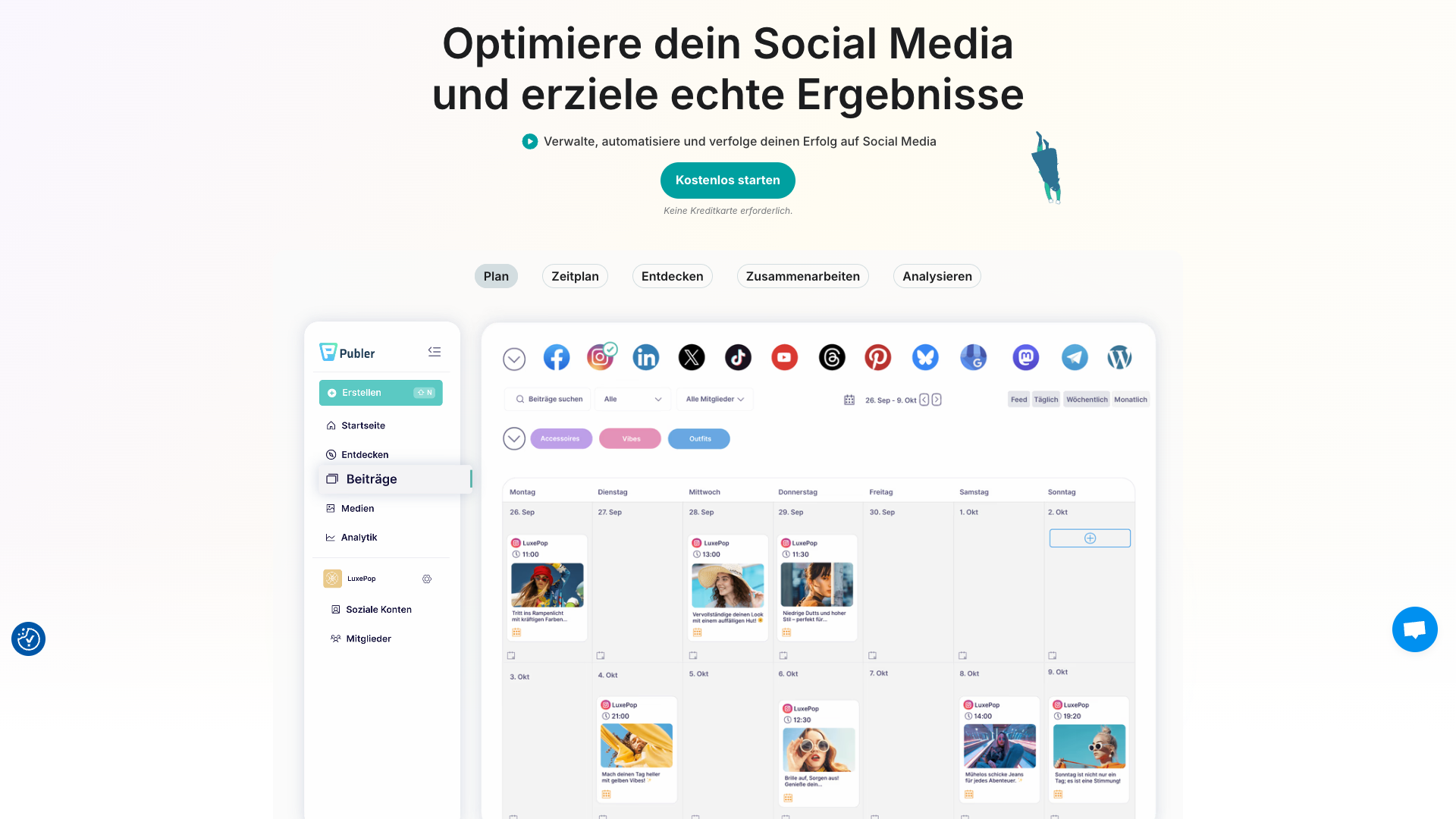 Features section on homepage showcasing Publer's capabilities