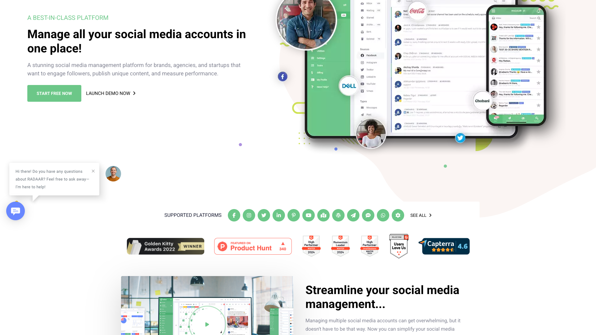 Features section on homepage highlighting social media management tools