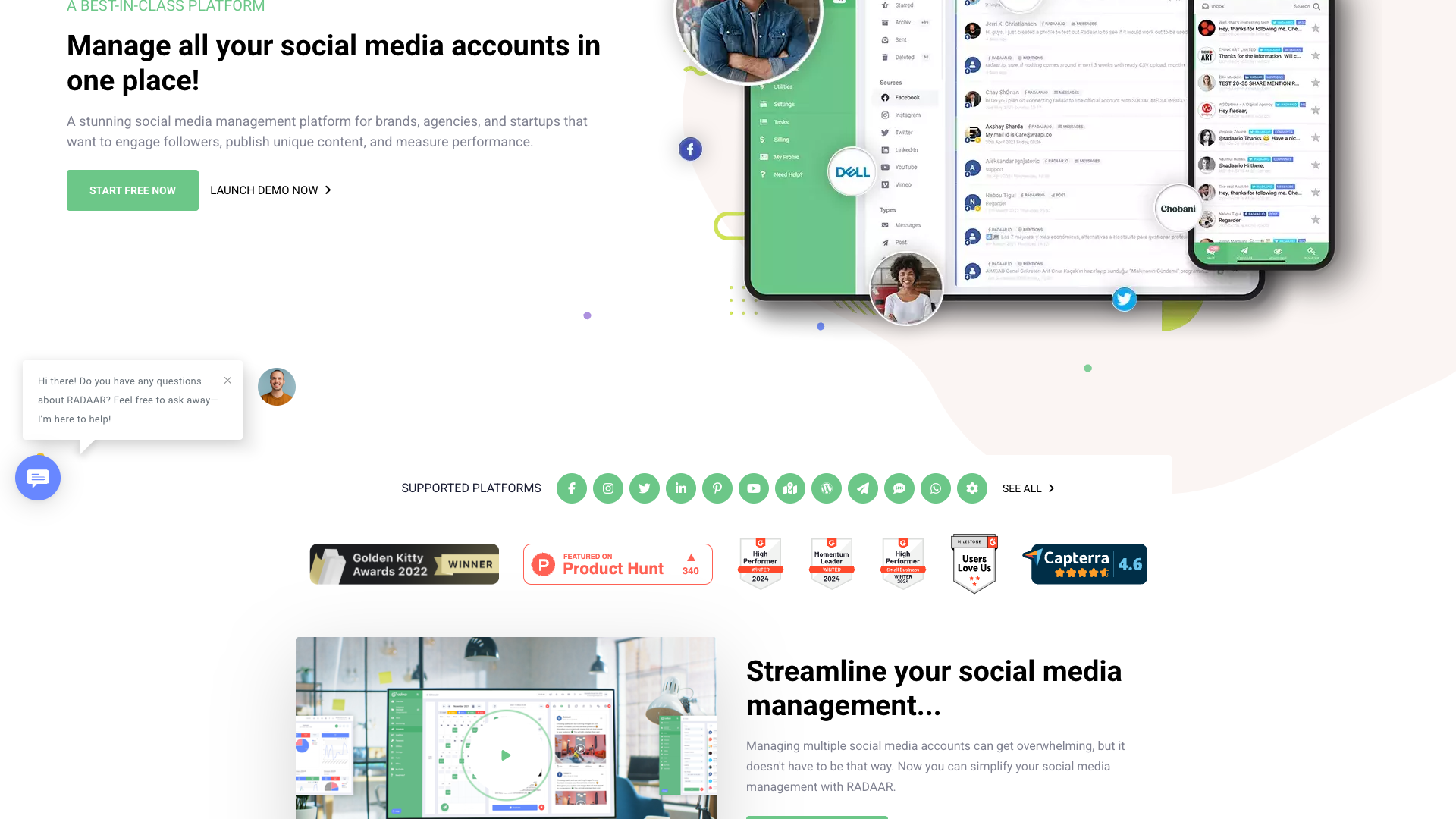 Social Inbox feature overview on RADAAR homepage