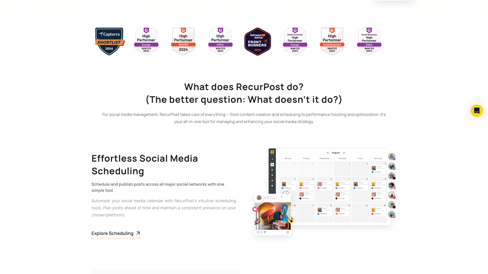 Features page highlighting evergreen content recycling and agency workflows