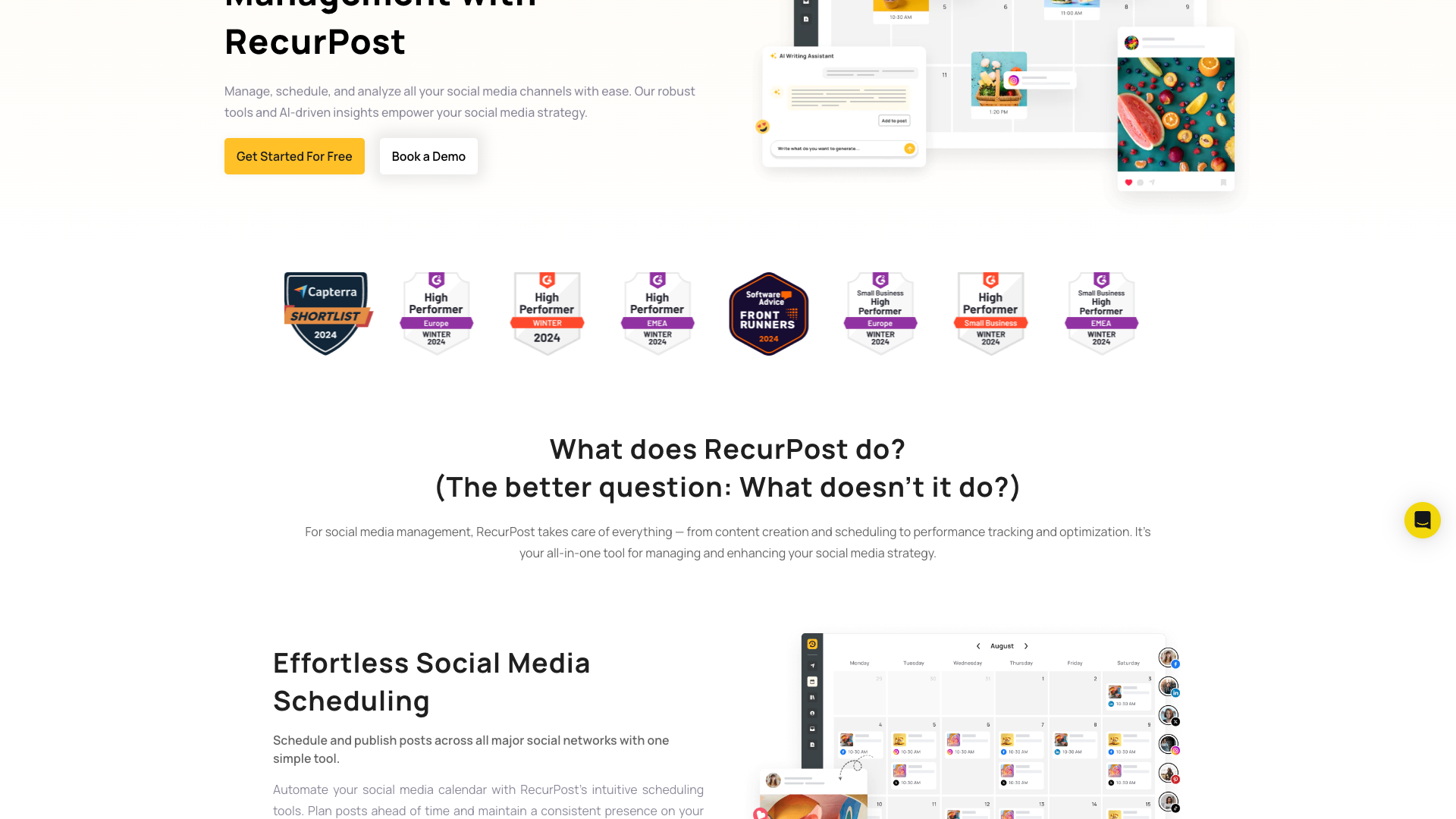 Features page detailing RecurPost's capabilities
