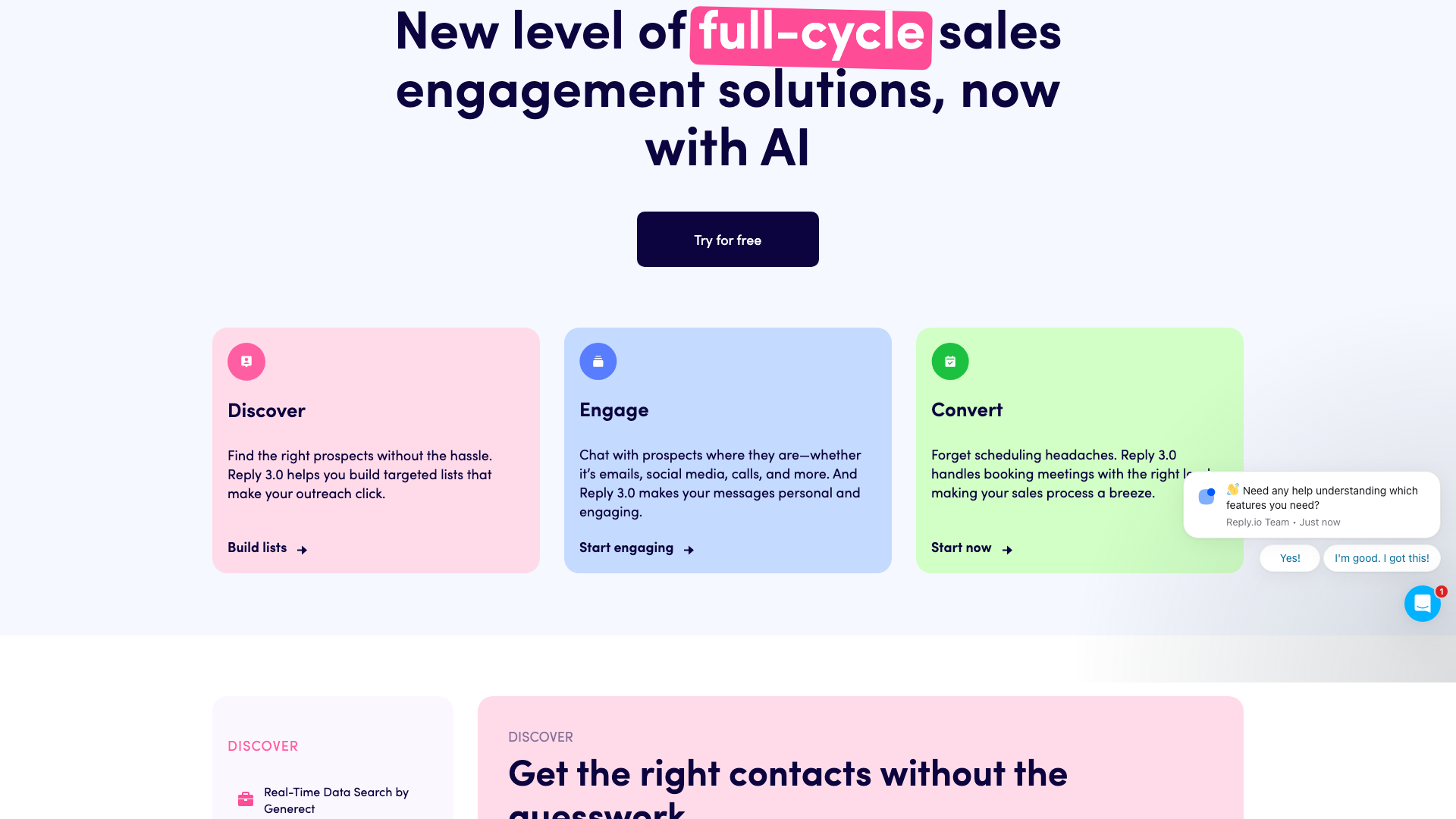 Features page highlighting AI-first capabilities and multichannel outreach