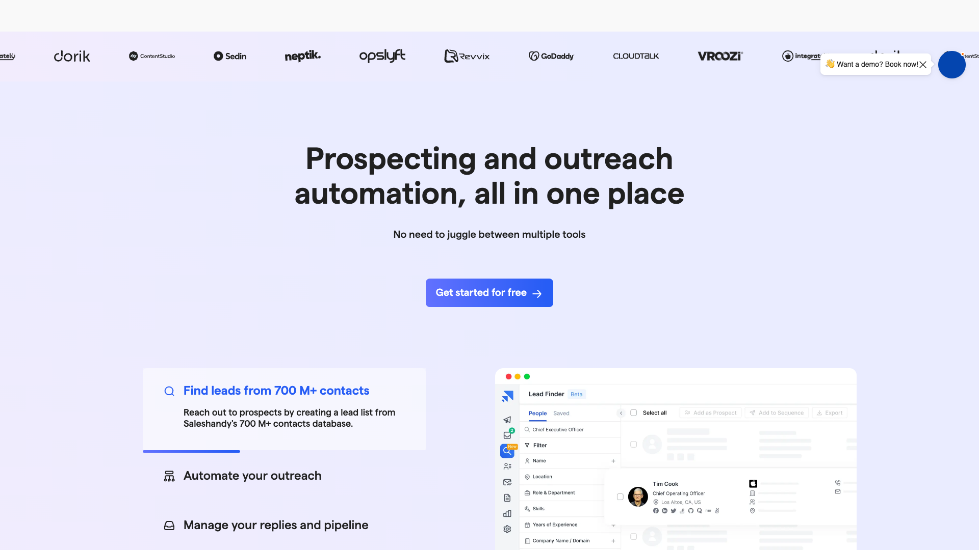 Features section on homepage highlighting Saleshandy's capabilities for cold email outreach and B2B lead generation