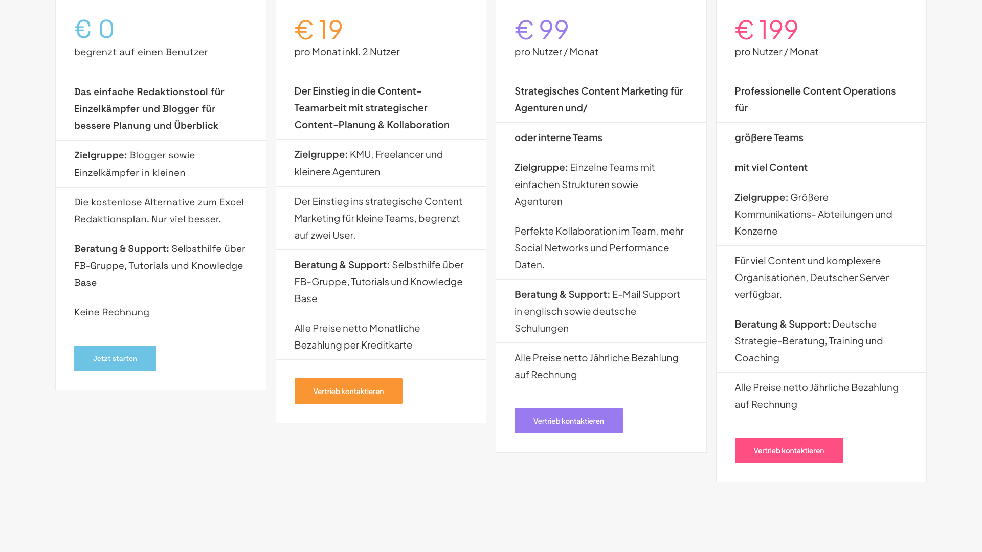 Pricing page showing different plans and their features