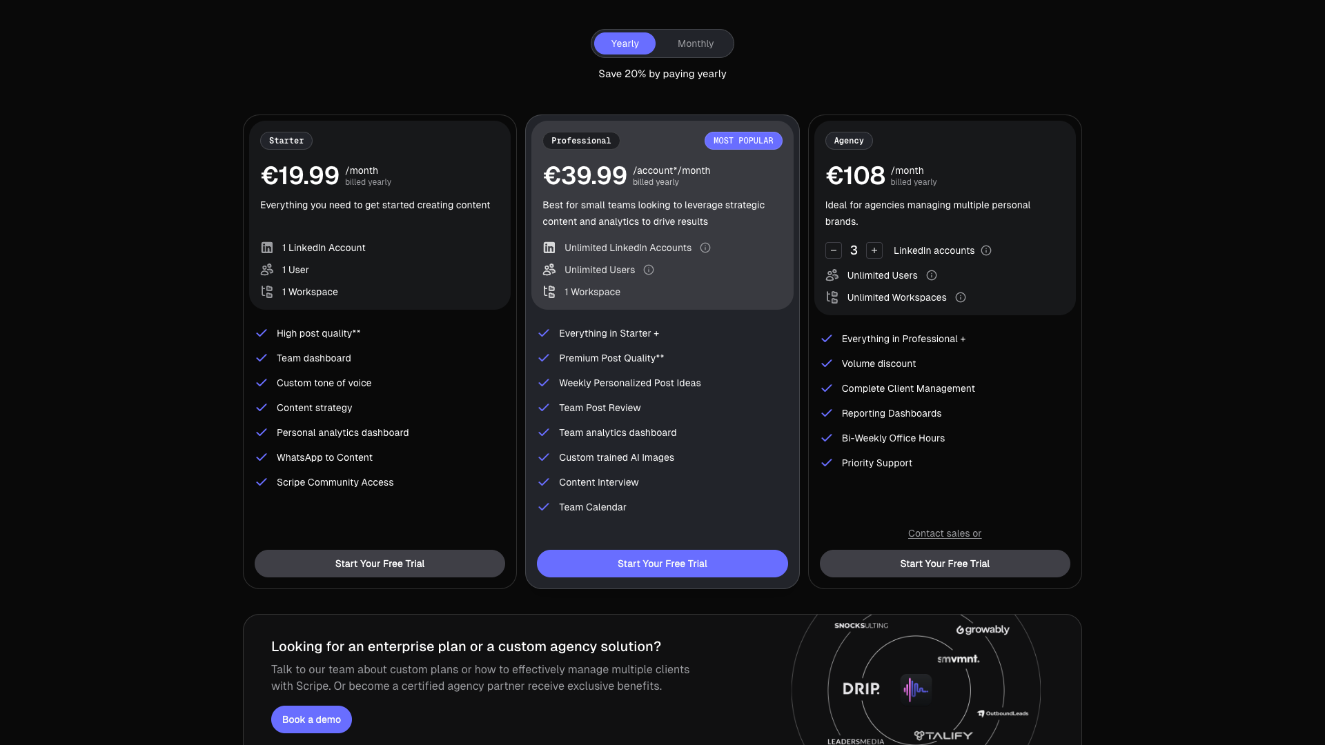 Pricing page outlining different subscription plans