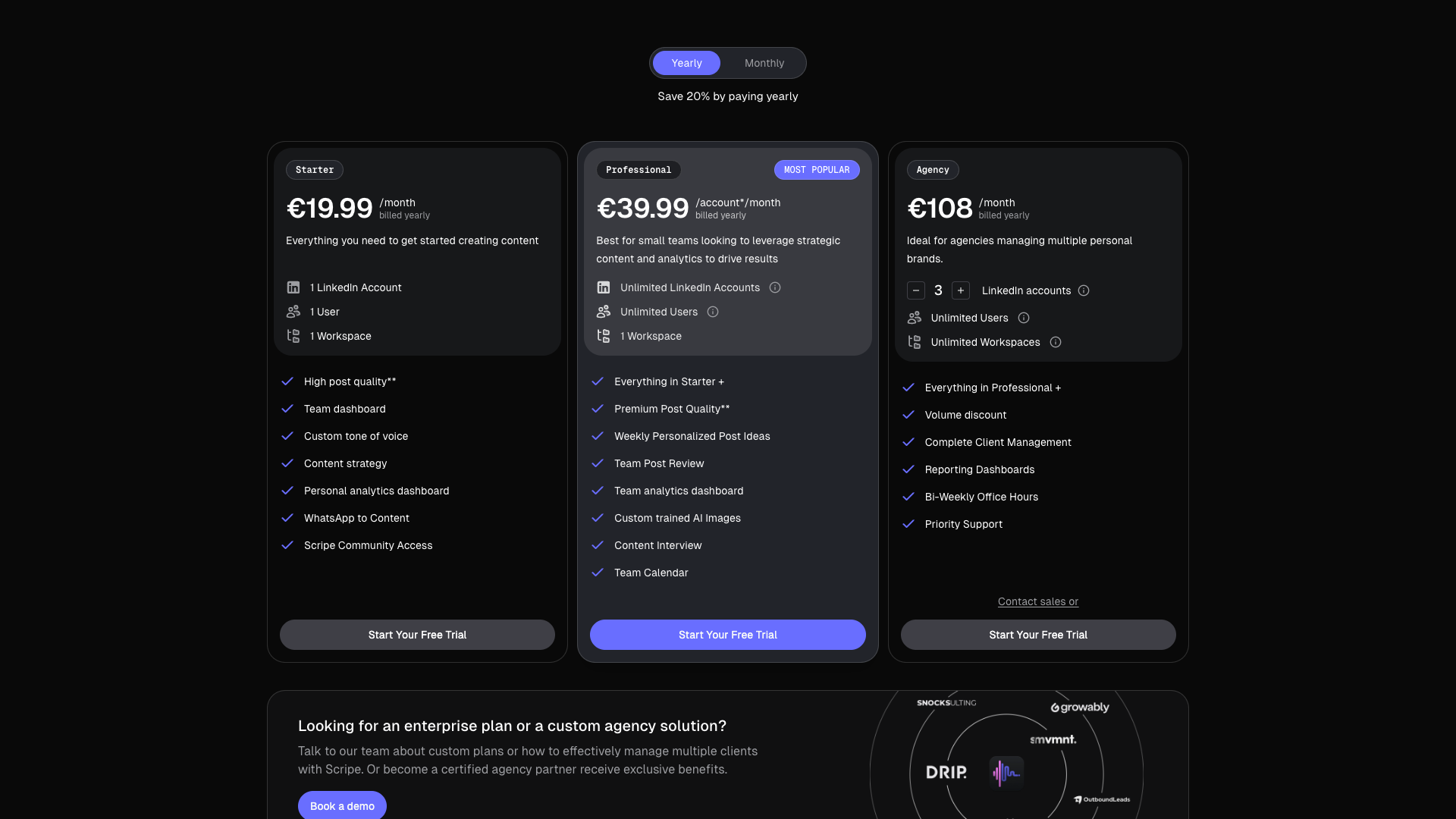 Pricing page showing different plans and features