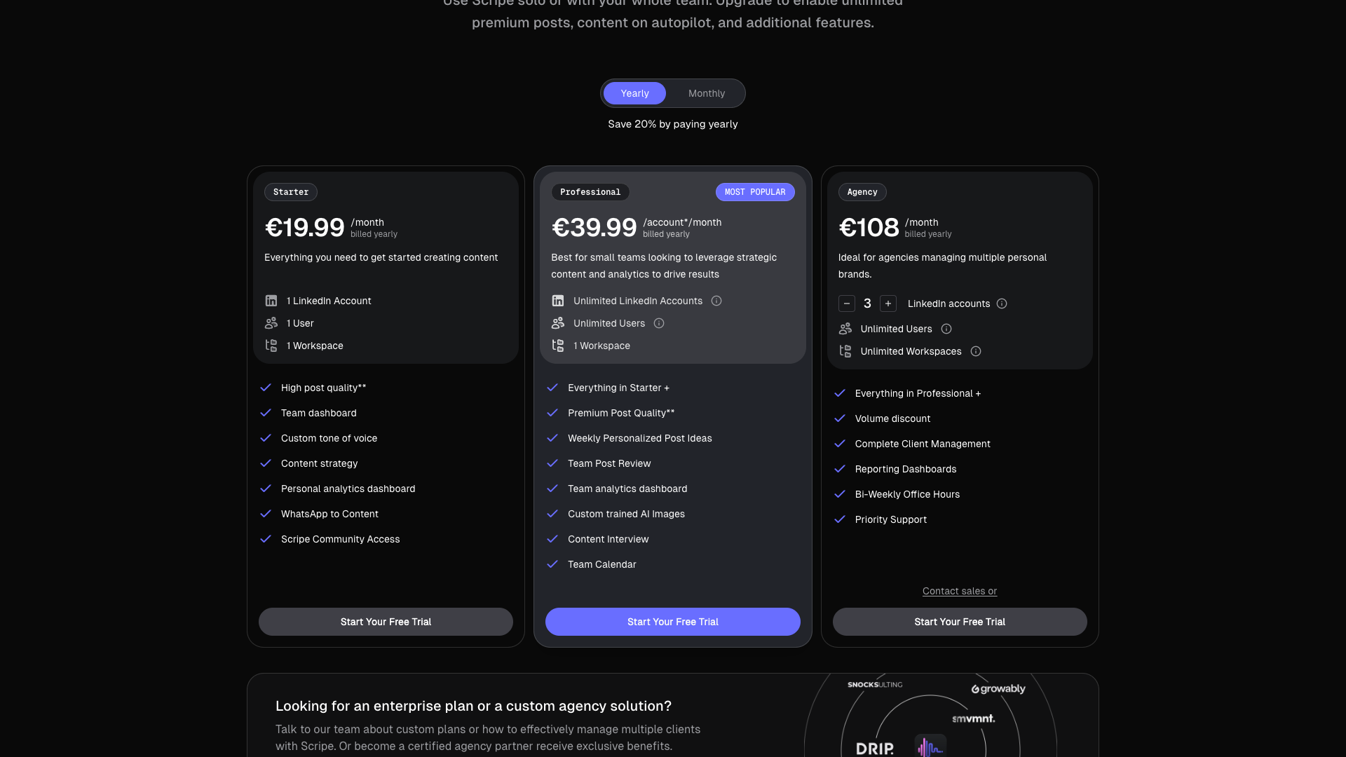 Pricing page showing competitive pricing for teams and agencies