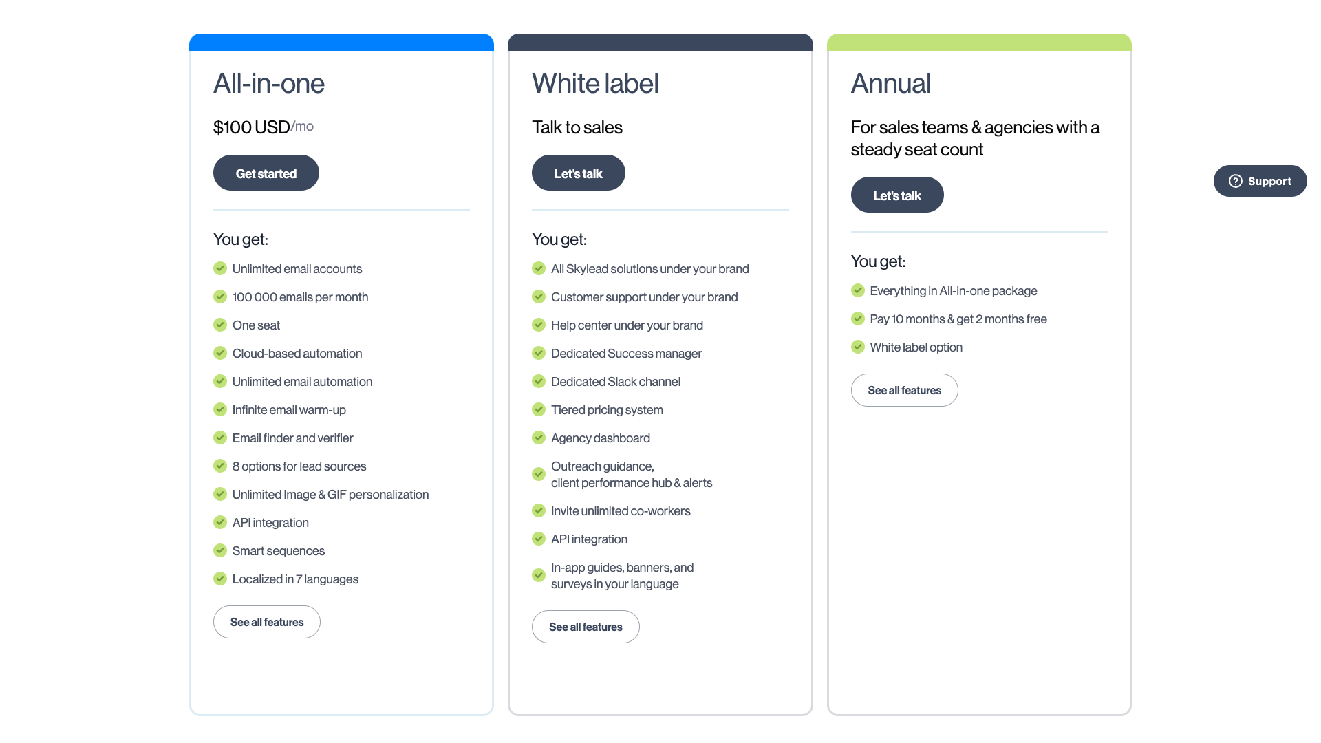 Pricing page showing plans for Skylead