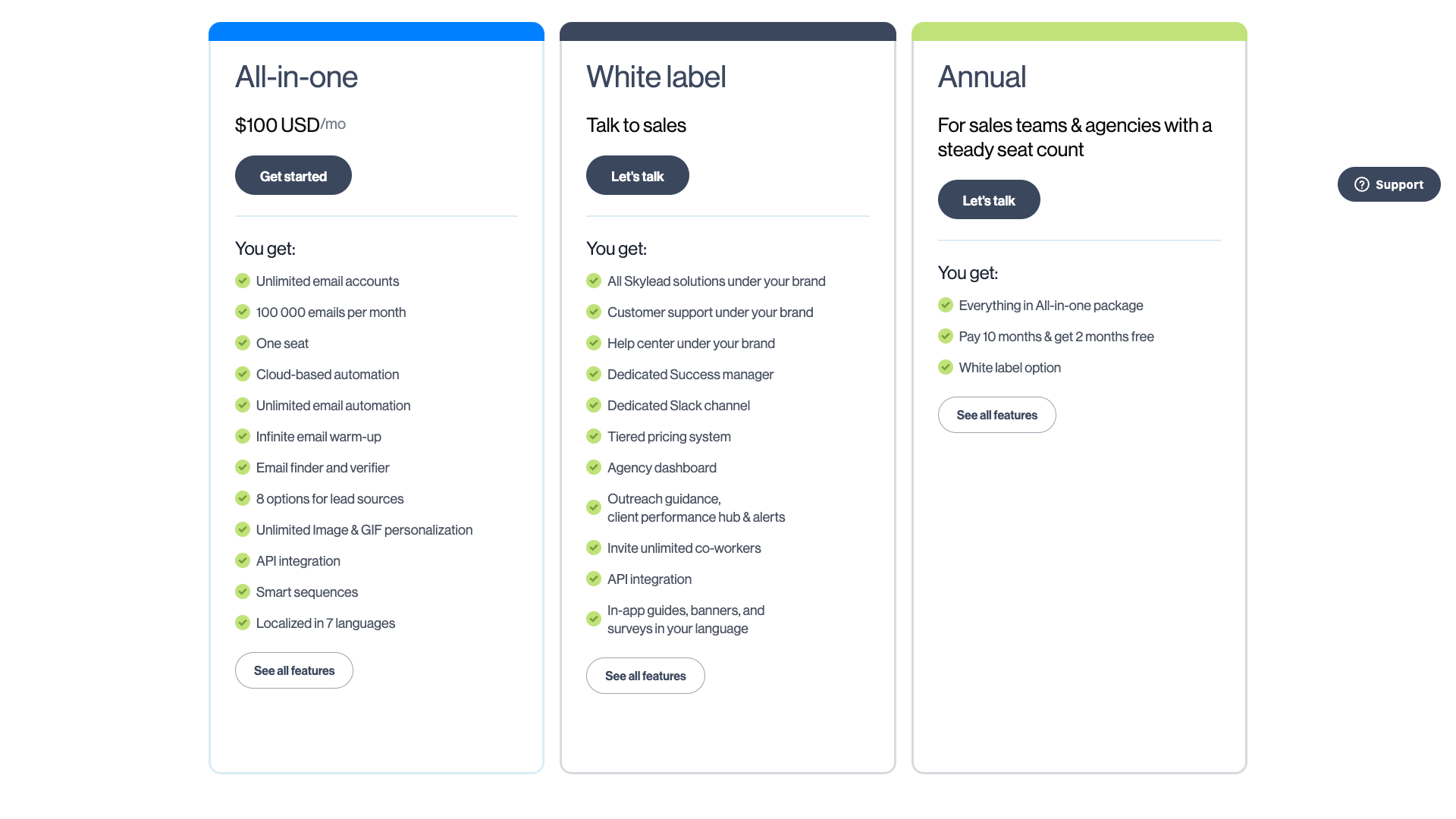 Pricing page showing Skylead's plans