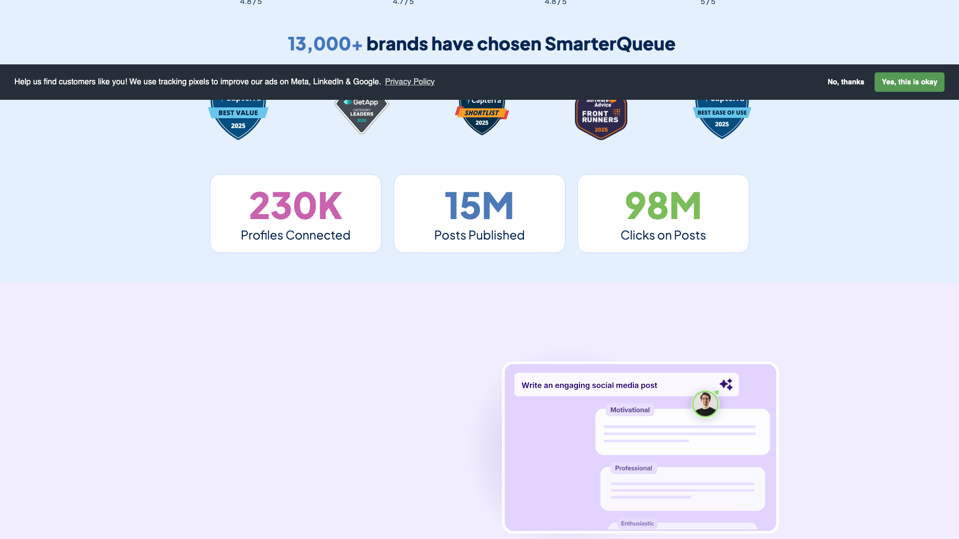 Analytics section on homepage showcasing performance insights