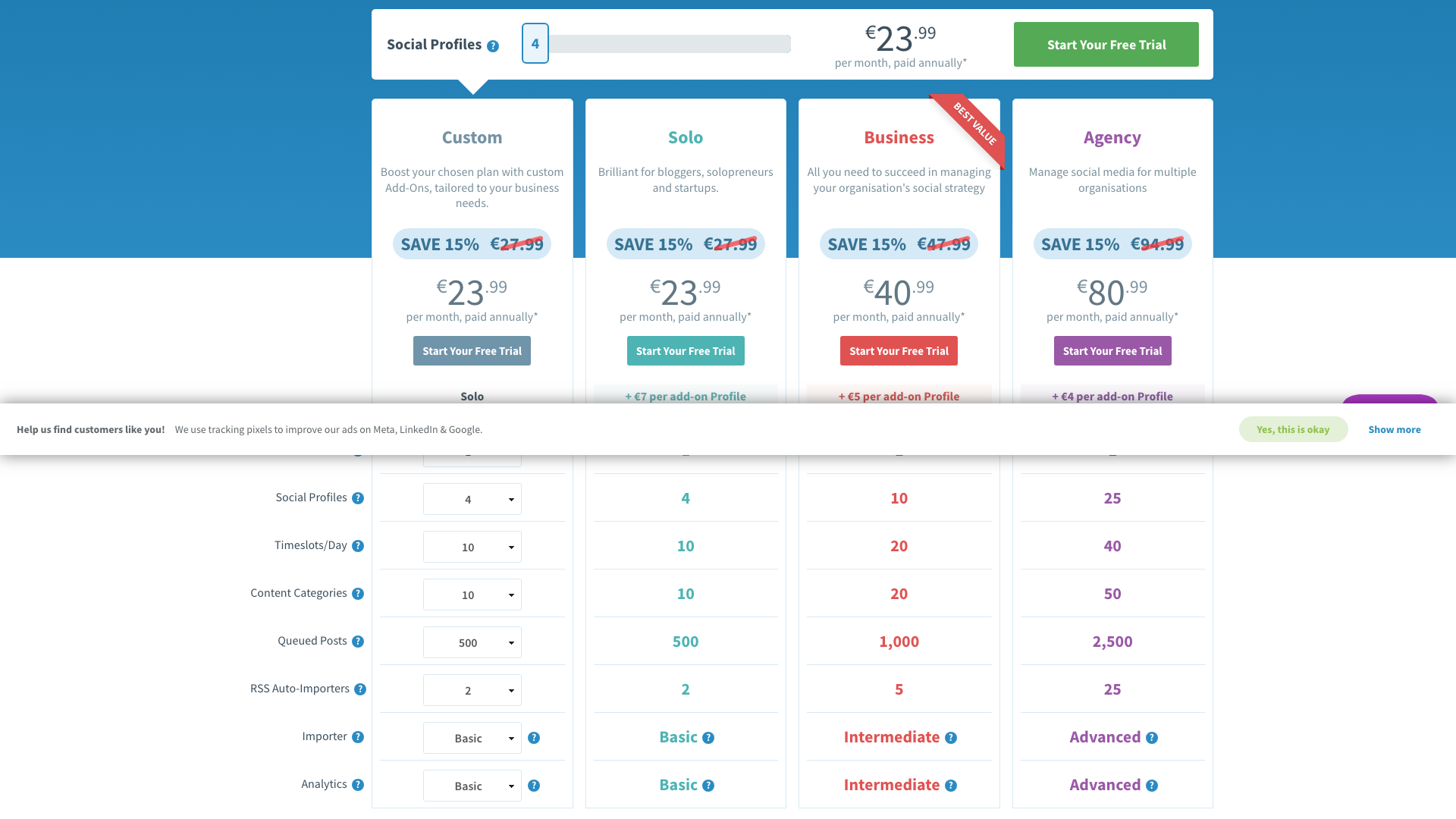 Pricing table showing plans