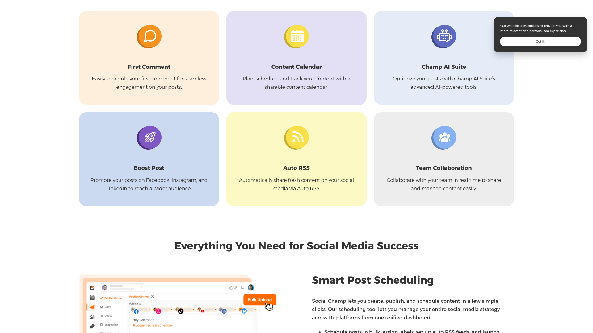 Features page highlighting Social Champ's capabilities