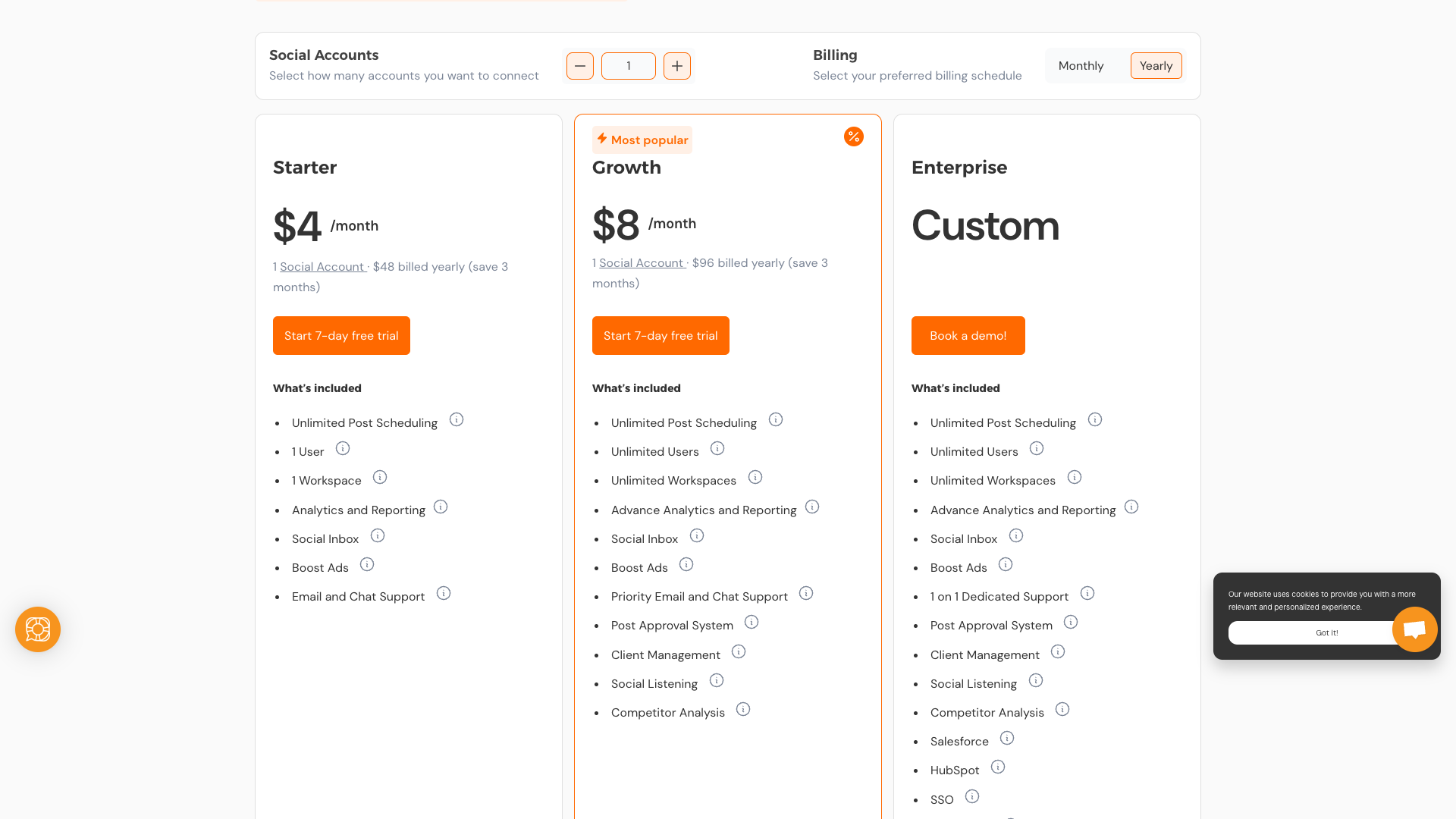Pricing table showing plans