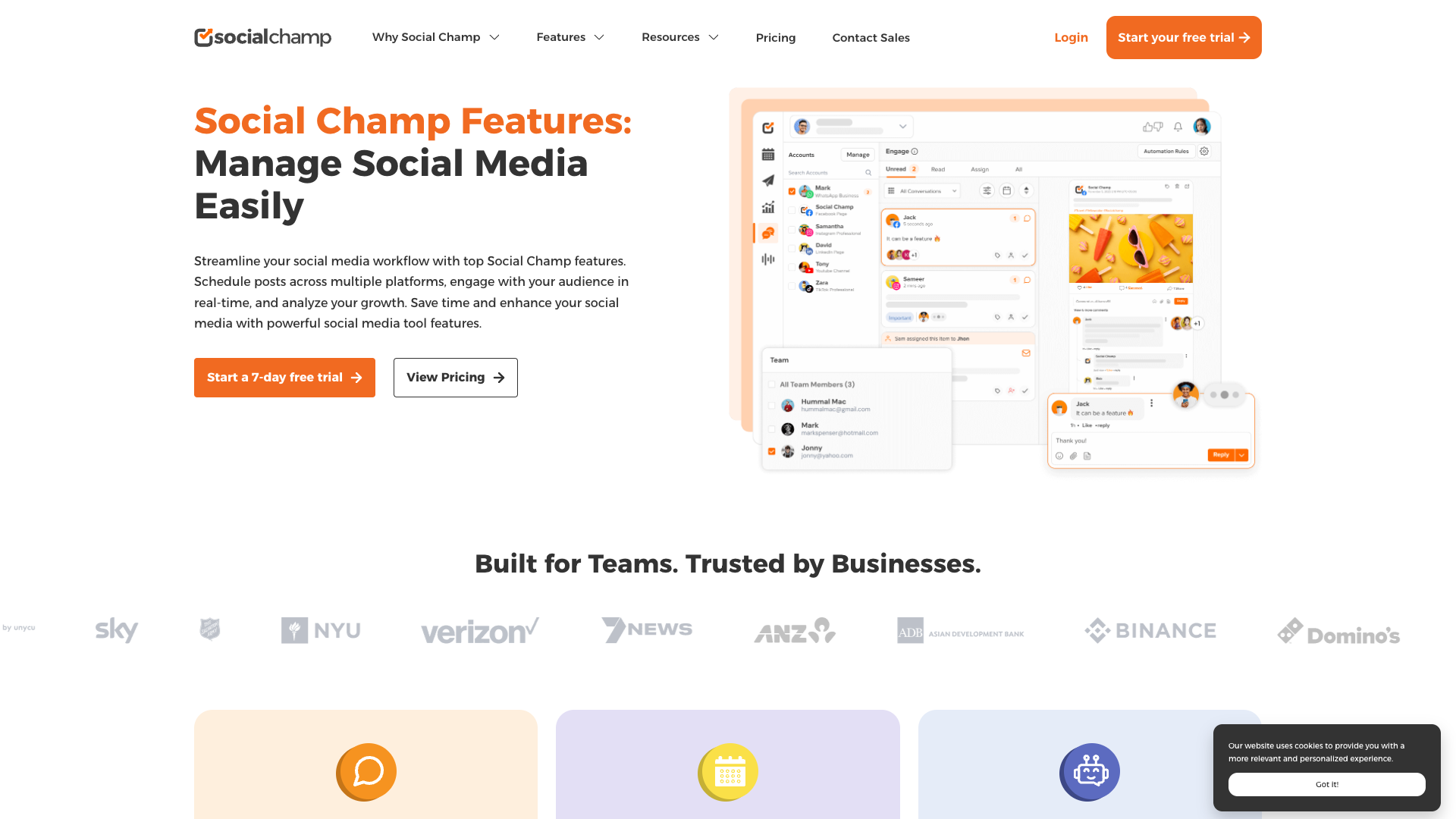 Features of Social Champ highlighting AI-powered tools and social media management capabilities