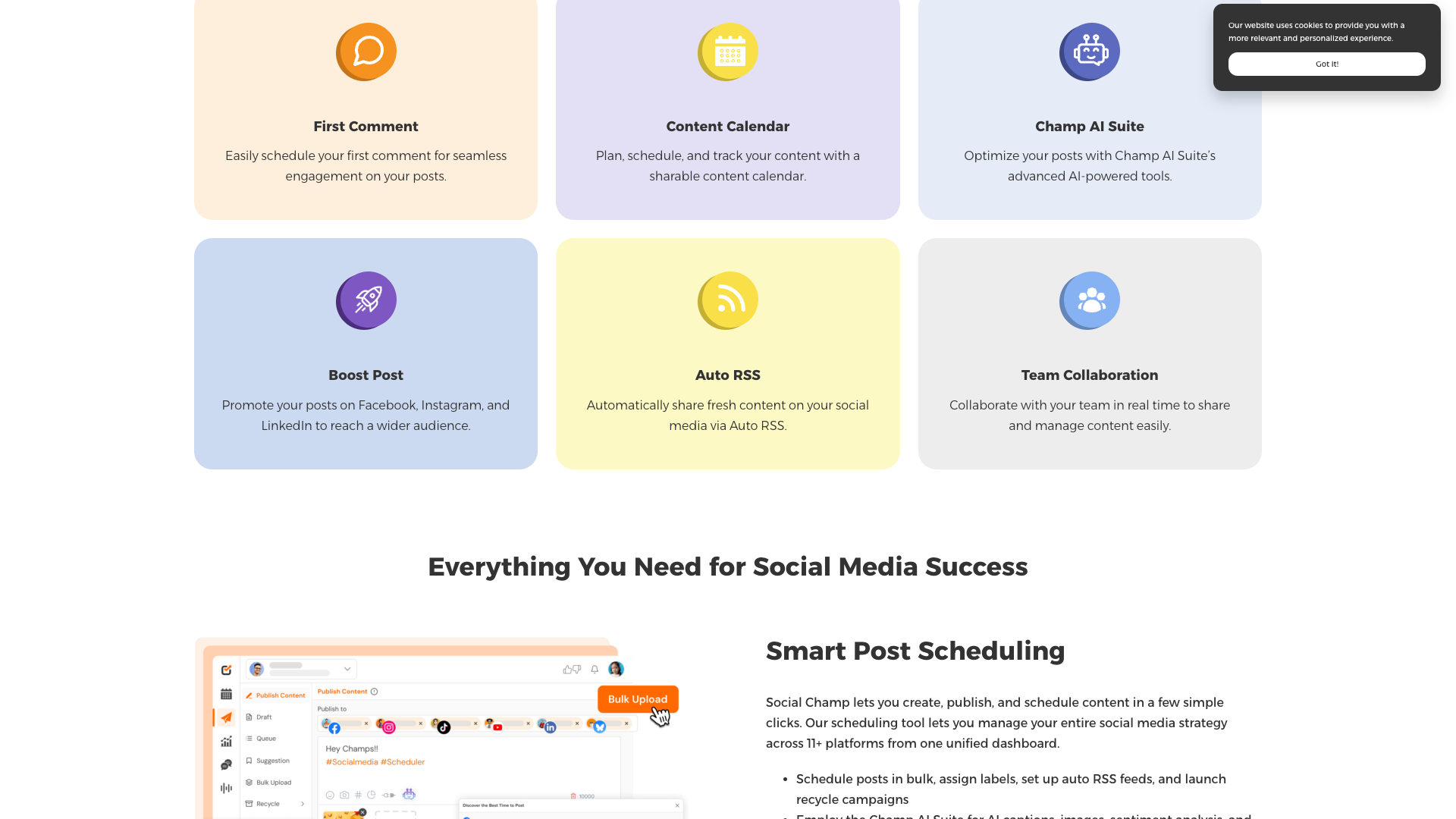 Features overview of Social Champ highlighting its robust feature set